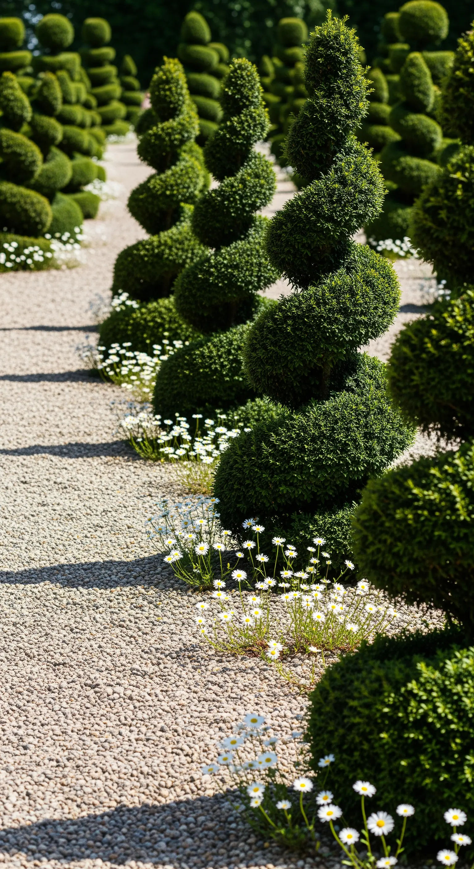 Kiesweg mit spiralen Formschnitt-Bäumen und weissen Gänseblümchen