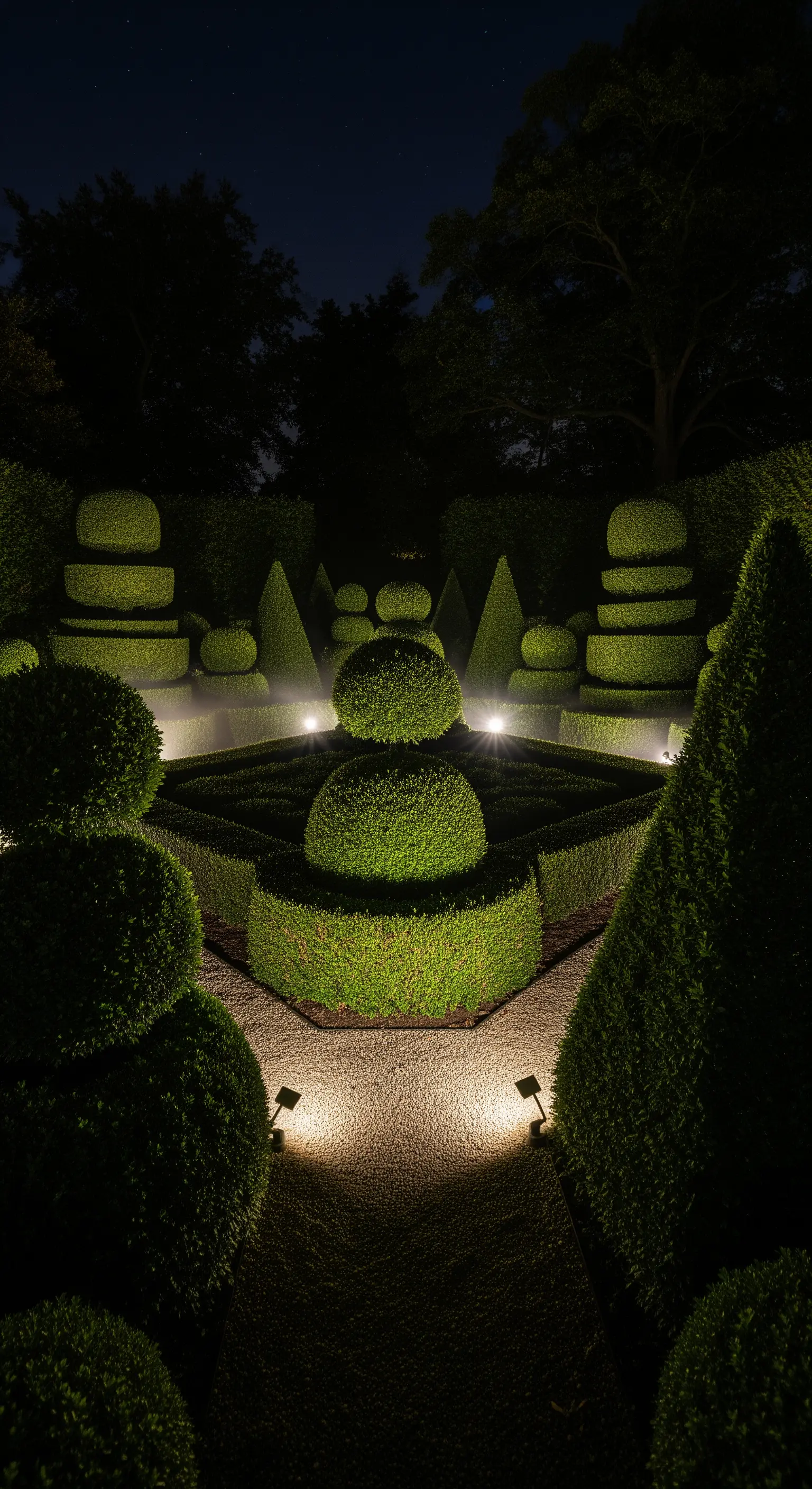 Formaler Buchsbaumgarten mit Topiary-Formen, von Bodenstrahlern beleuchtet.