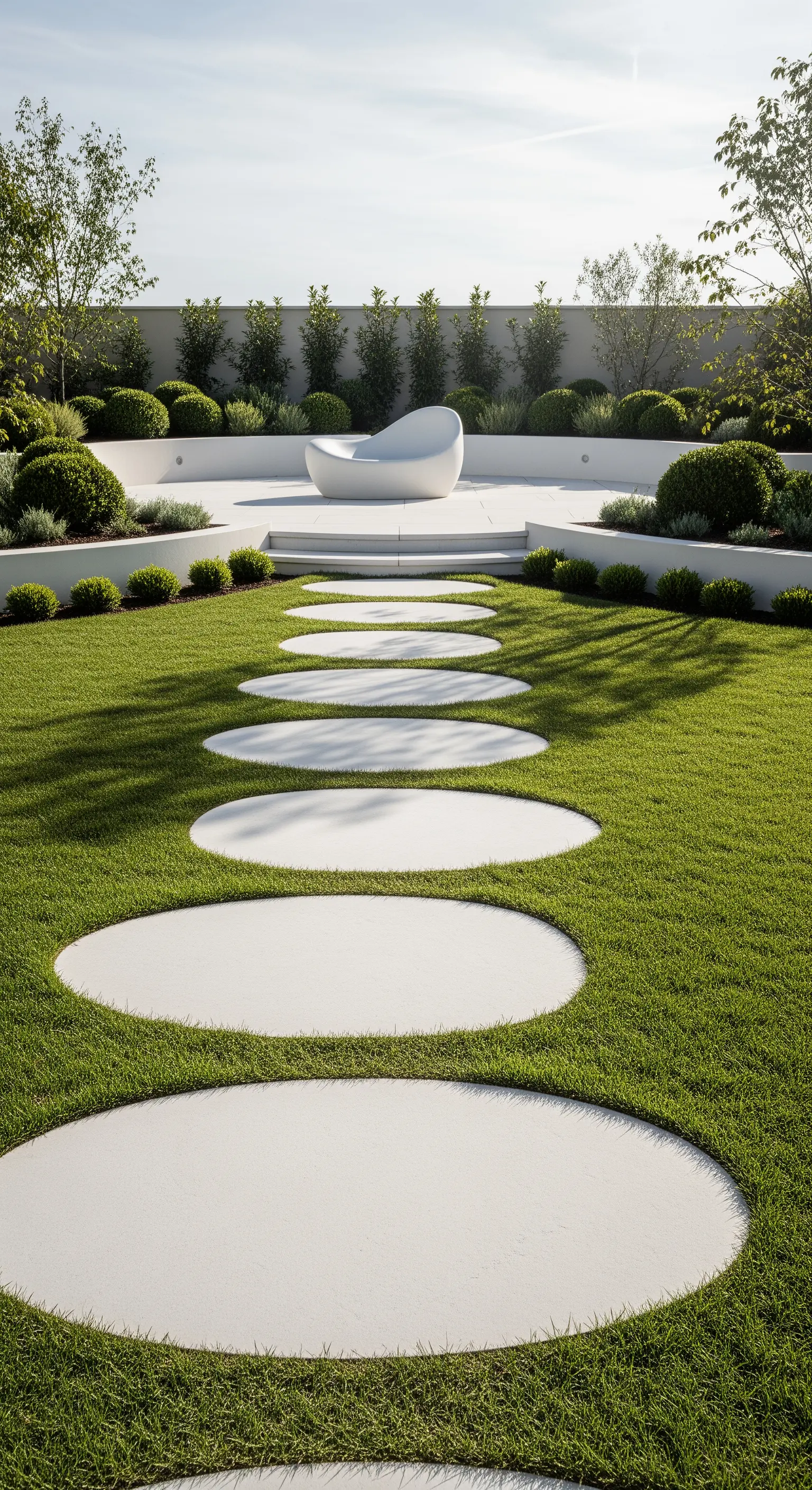 Gartenweg aus weißen, runden Trittsteinen zu einer Skulptur