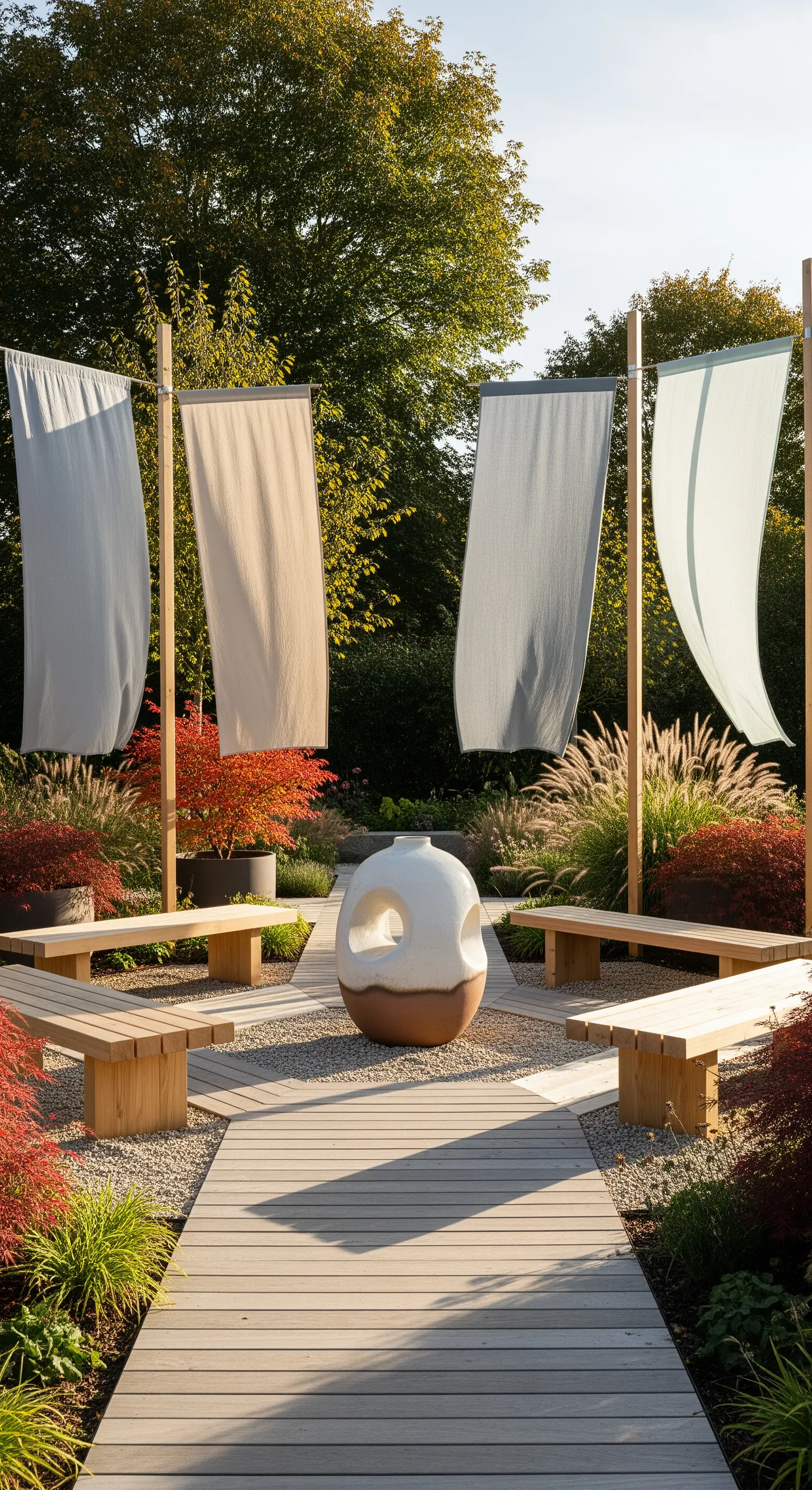 Japandi Gartenweg mit Holz, Keramikskulptur und Leinenfahnen