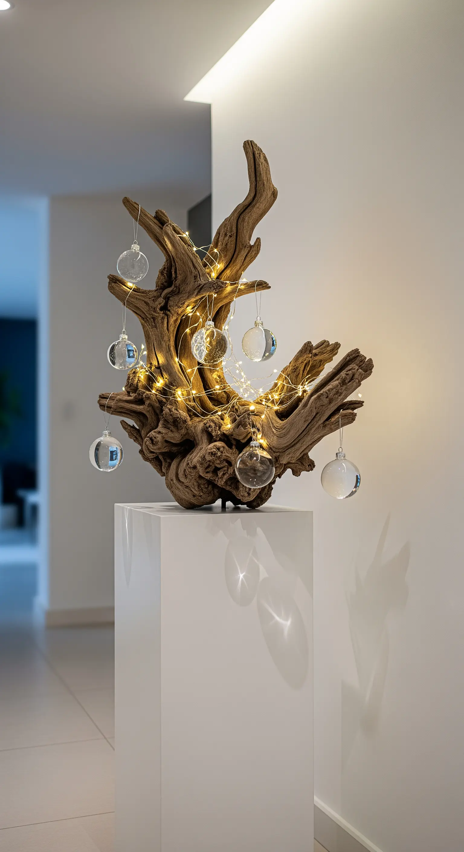 Holzstamm-Skulptur mit Lichterkette und Glaskugeln auf Podest.