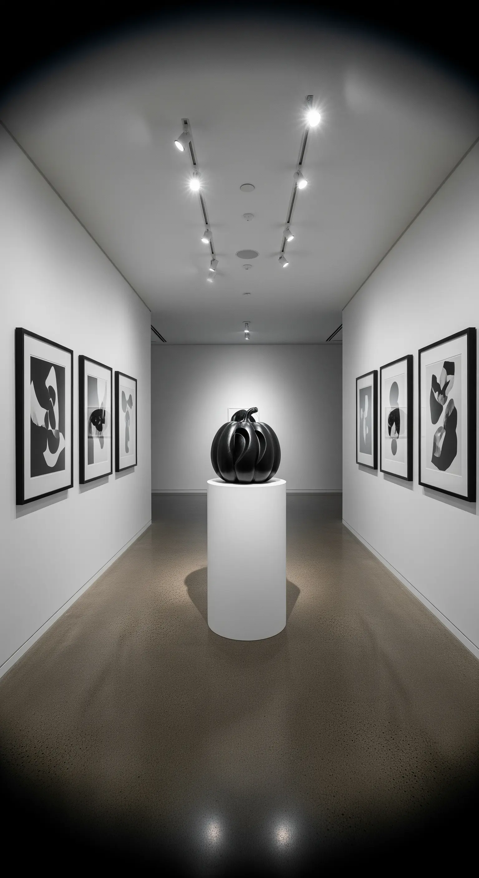 Großer schwarzer Kürbis auf weißem Sockel in einer Galerie