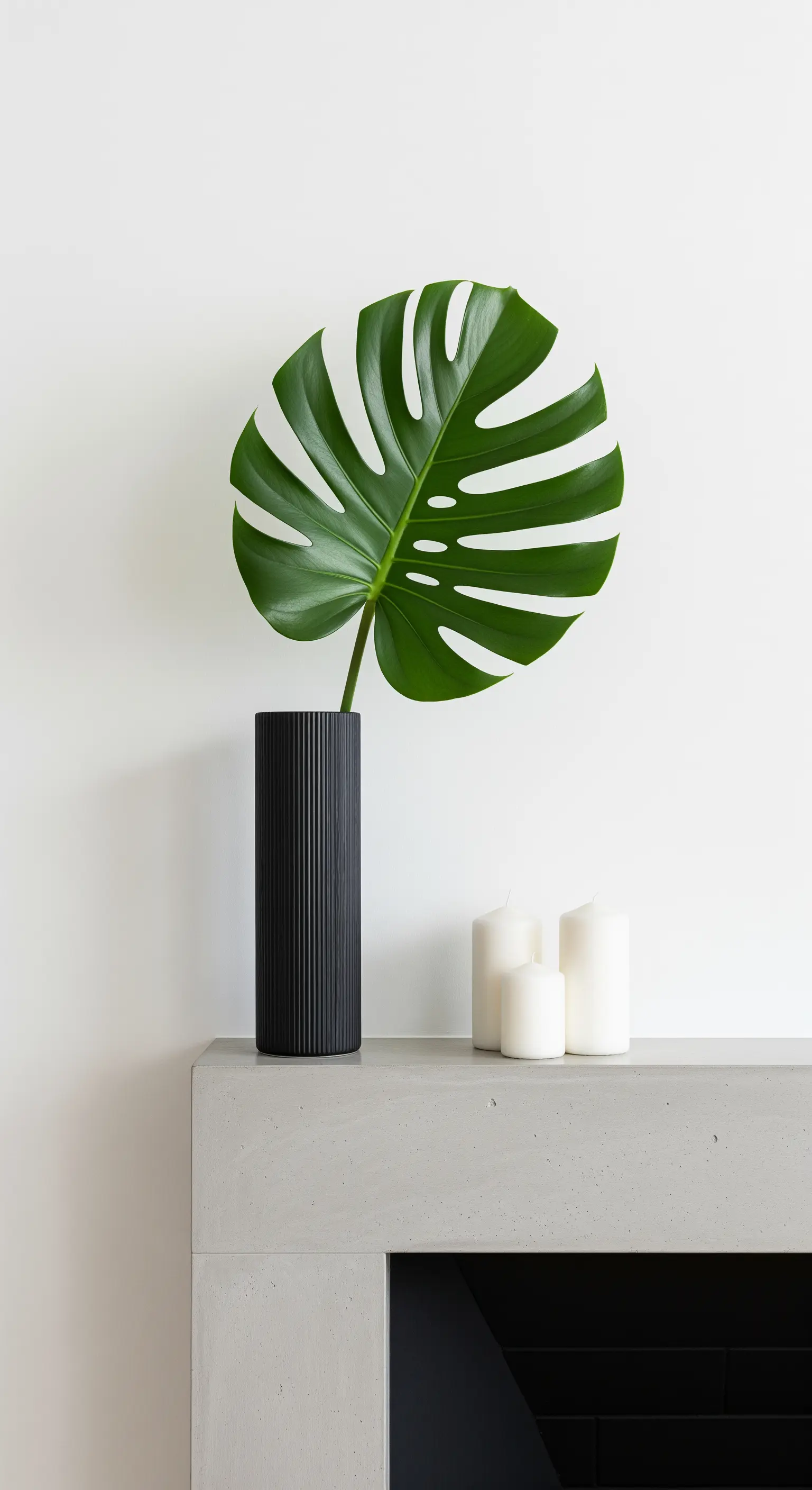 Minimalistische Kamin Deko mit einem Monstera-Blatt in schwarzer Vase und weißen Kerzen.
