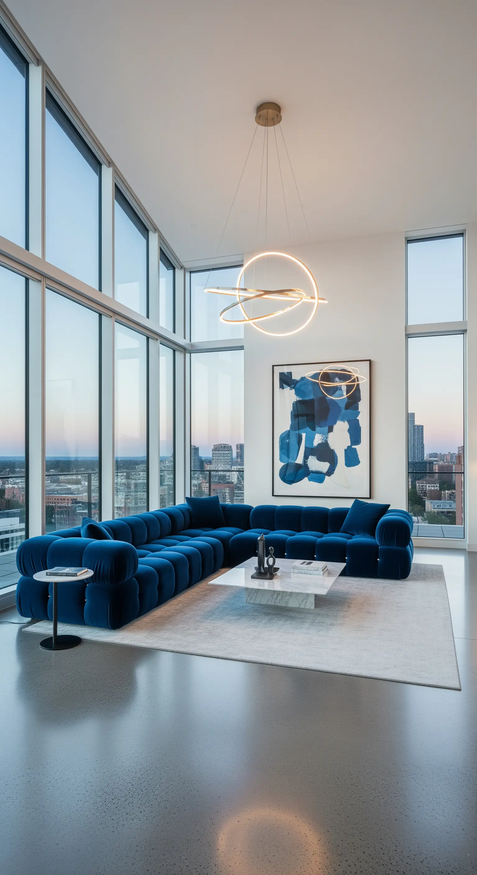 Grosses, modulares Samtsofa in Königsblau in einem modernen Loft mit bodentiefen Fenstern.