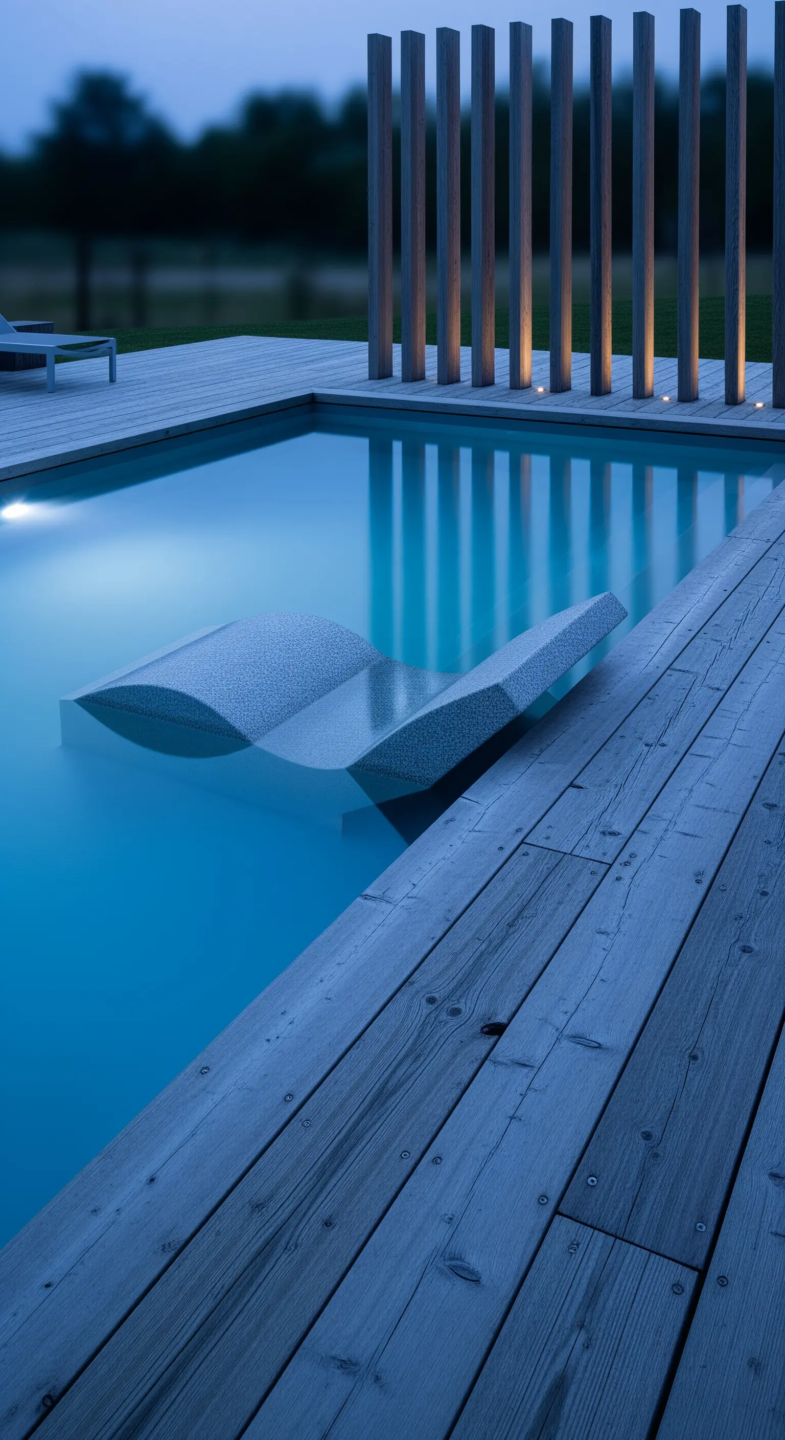 Skulpturaler Unterwasser-Liegestuhl im Pool, umgeben von Holzdeck und vertikalen Lamellen mit Licht