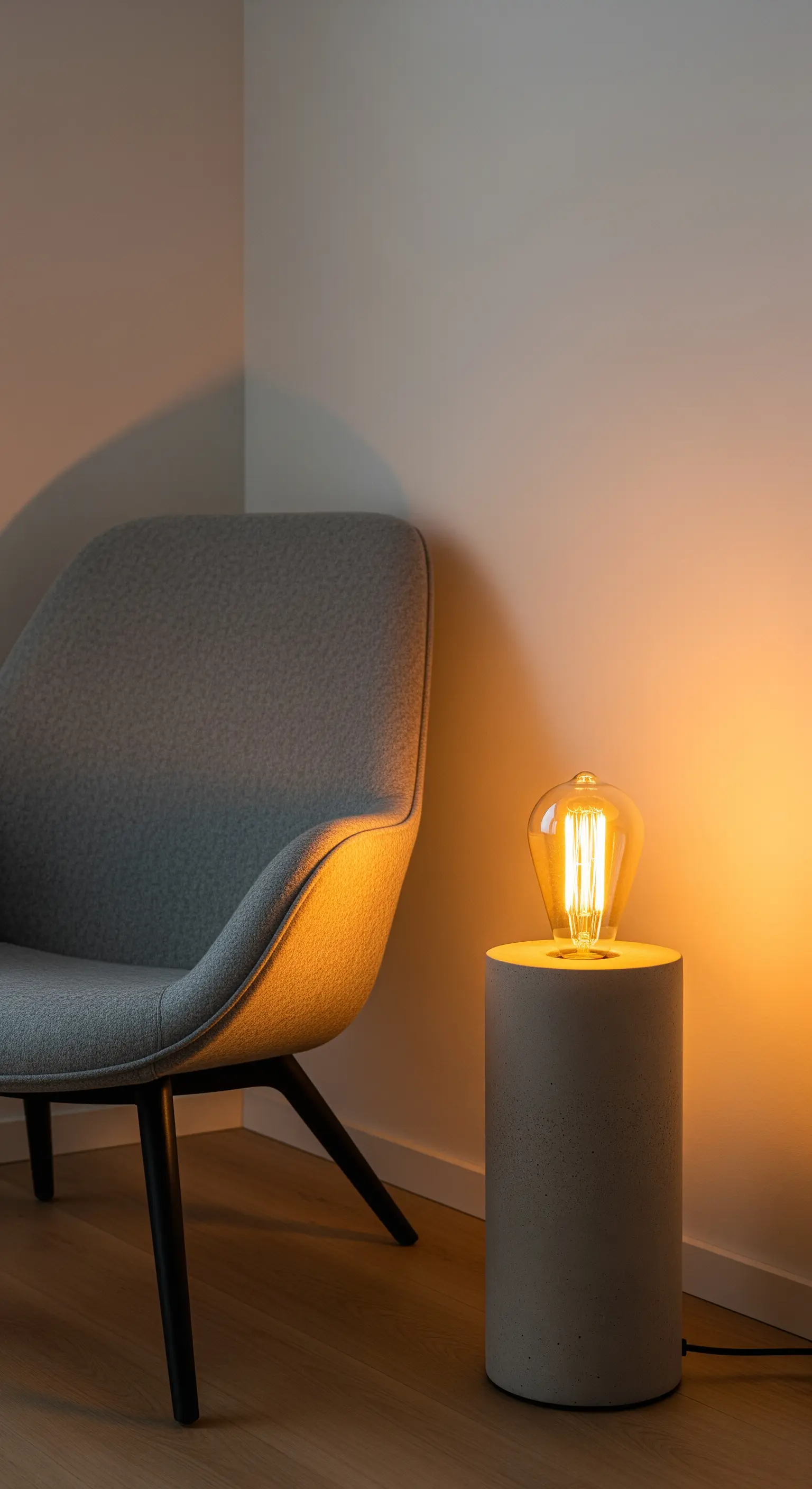 Edison-Glühbirne auf einem zylindrischen Betonsockel neben einem grauen Sessel.