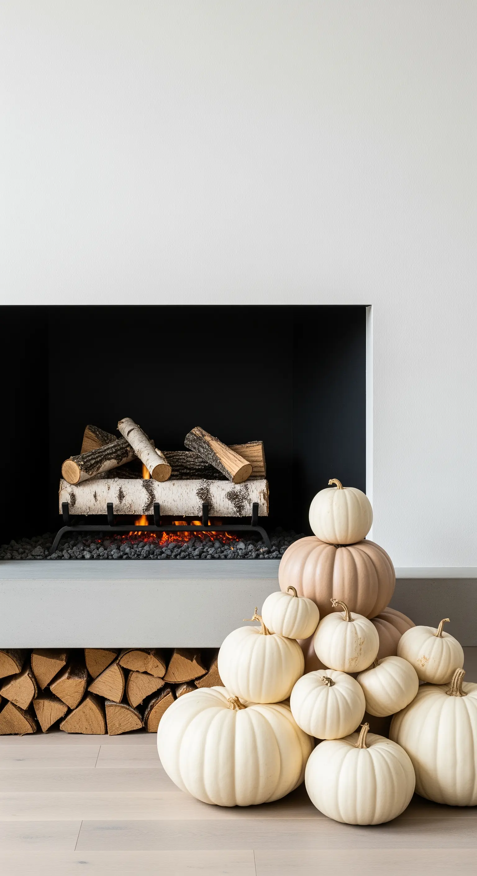 Ein großer Haufen weißer und beiger Kürbisse, aufgetürmt neben einem modernen Kamin.