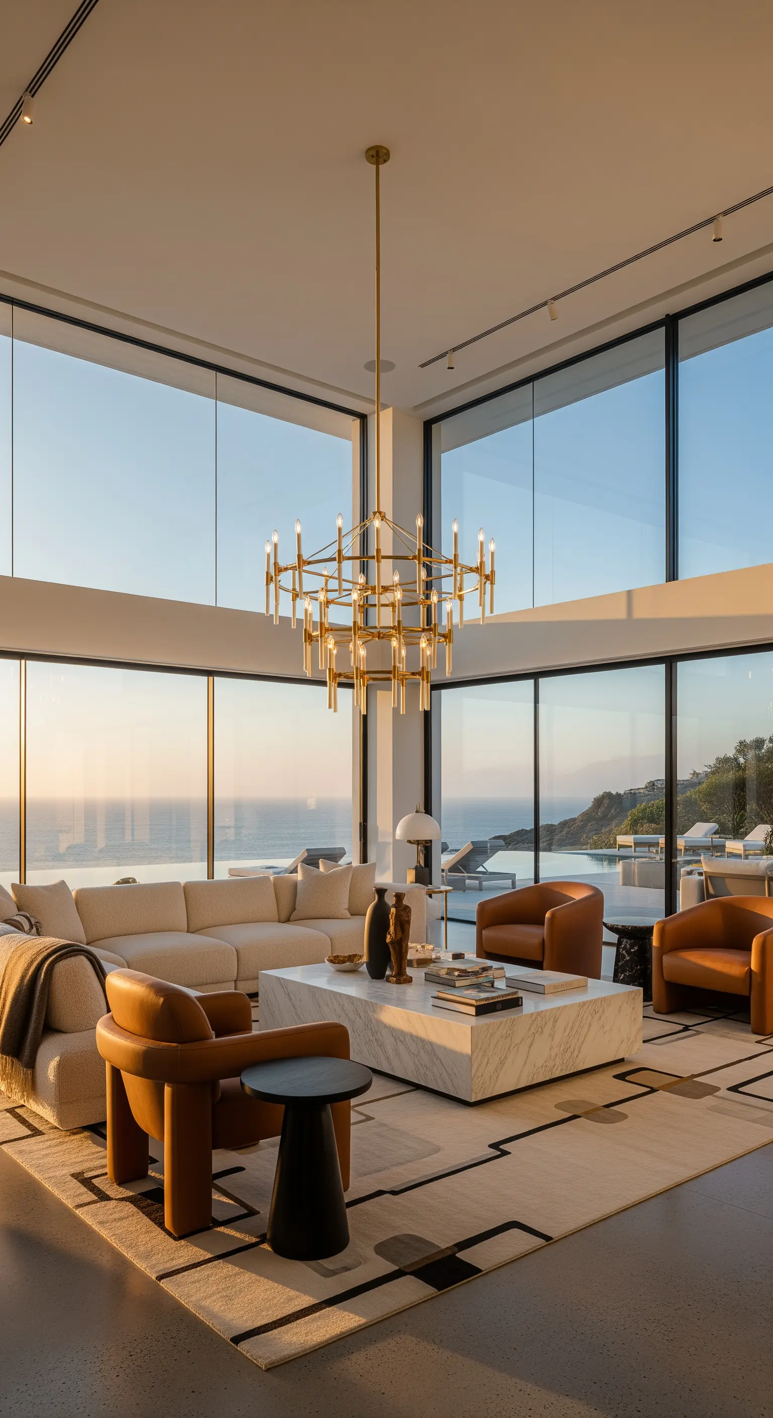 Wohnzimmer mit goldenem Kronleuchter und Ledersesseln vor Panoramafenster mit Meerblick.