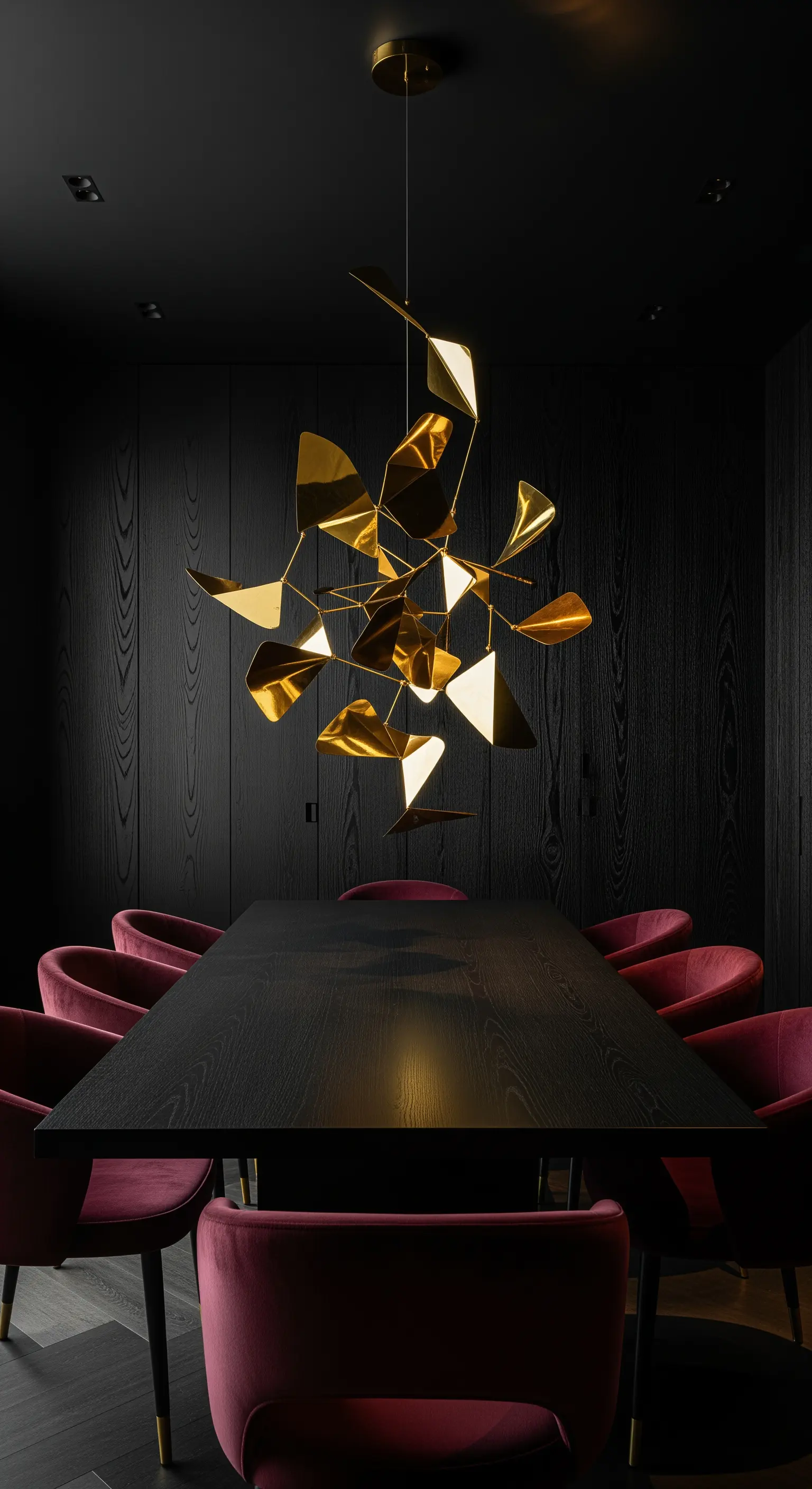 Goldener, skulpturaler Kronleuchter über dunklem Esstisch.