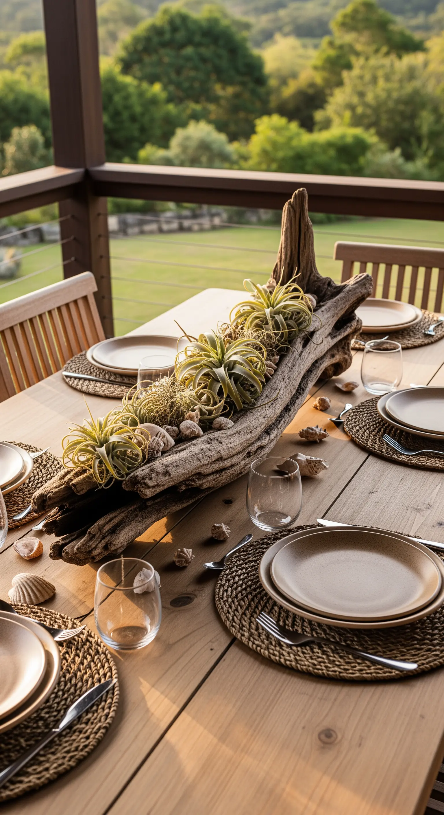 Tischdeko mit großem Treibholz-Stück, dekoriert mit Luftpflanzen und Muscheln.