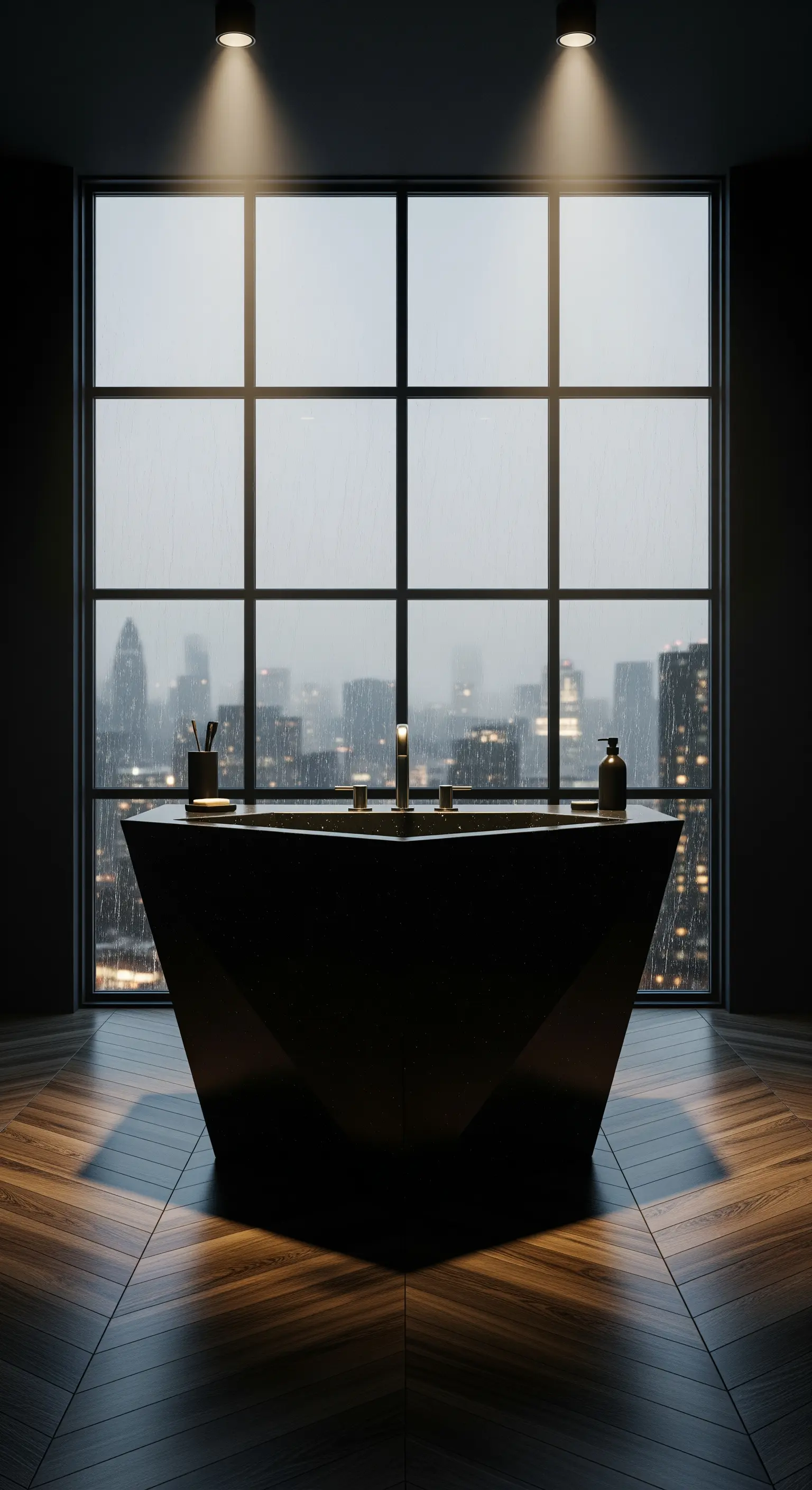 Badezimmer mit geometrischem schwarzen Becken vor Skyline-Fenster, Holzboden