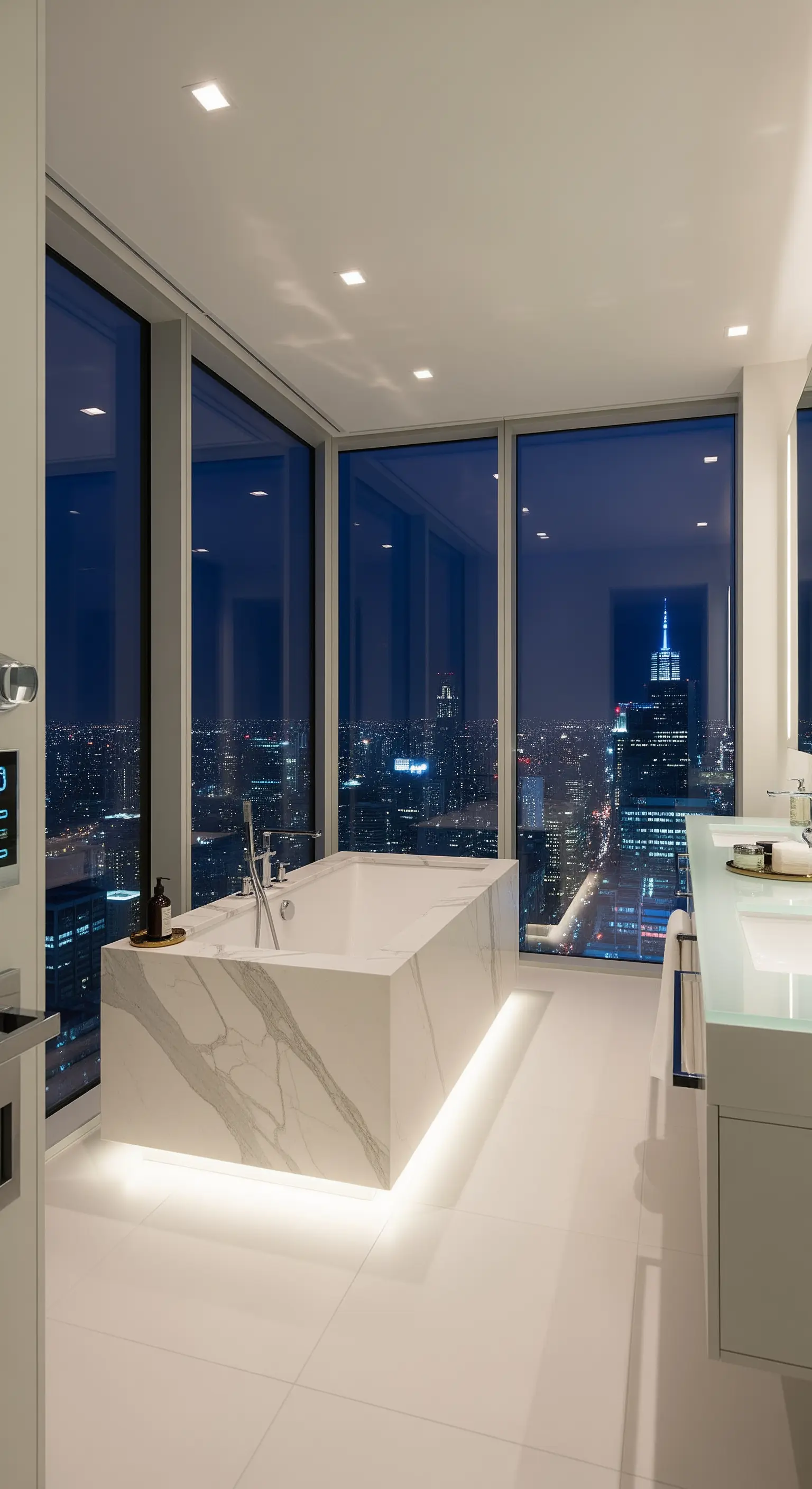 Weiße Marmor-Badewanne auf einem Podest mit Bodenbeleuchtung und Blick auf eine nächtliche Skyline
