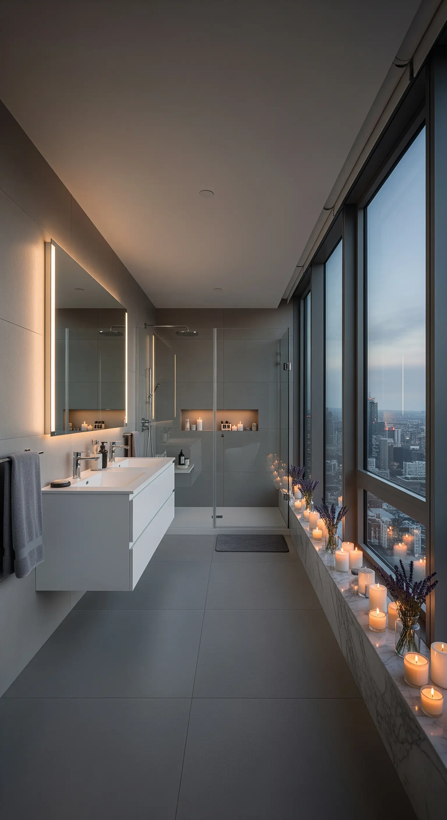 Modernes Badezimmer mit Panoramafenster und vielen Kerzen auf der Fensterbank.