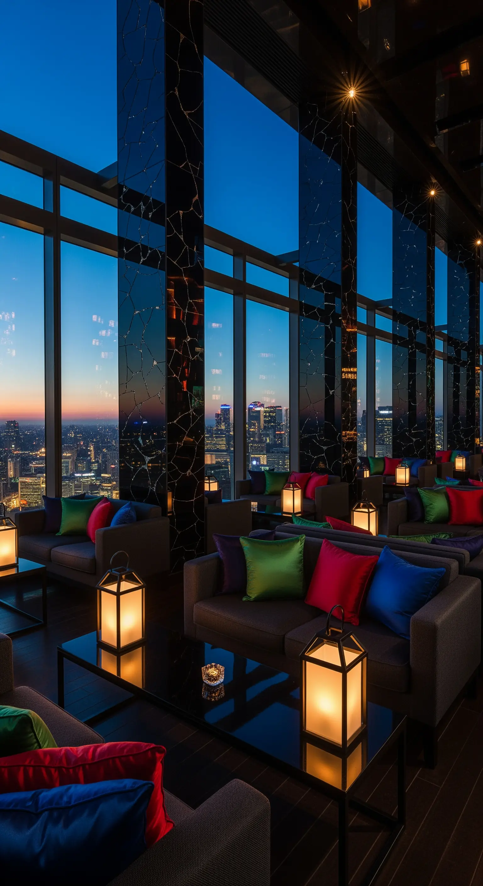 Skyline-Lounge mit bodentiefen Fenstern, farbigen Kissen und Laternen