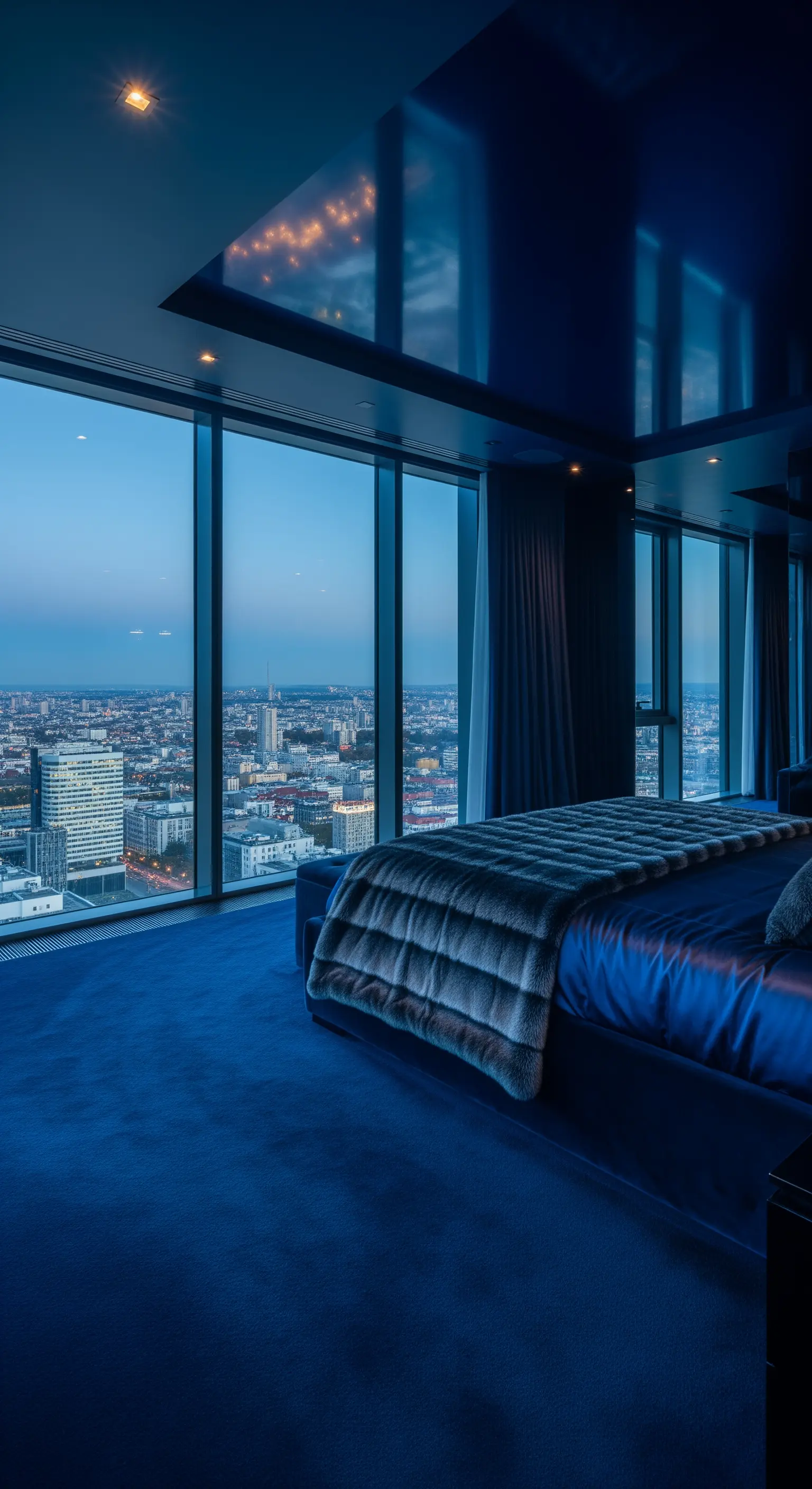 Schlafzimmer mit Panoramafenstern und nachtblauem Interieur