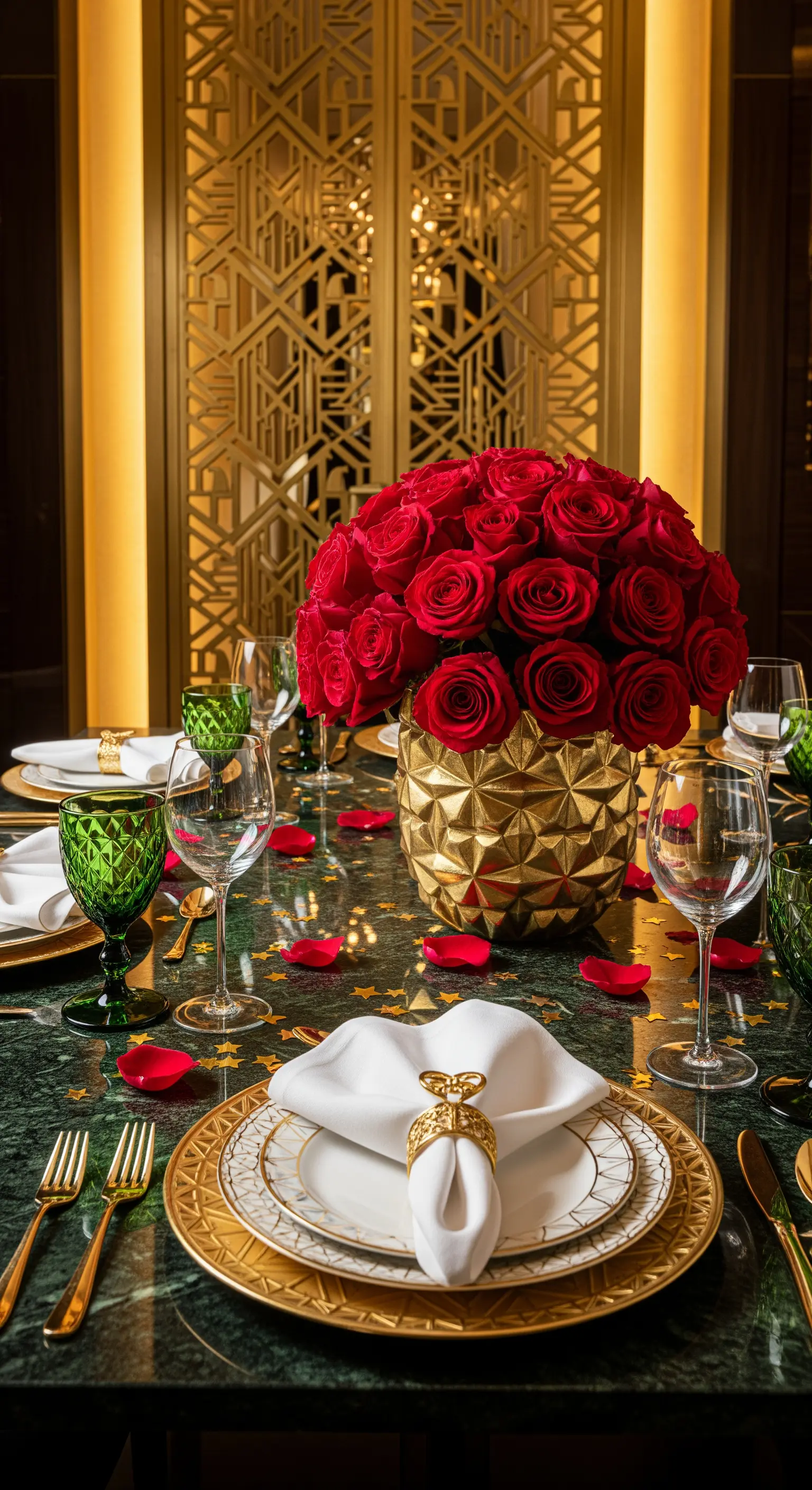 Opulente Tischdekoration in Smaragdgrün und Gold mit roten Rosen und goldenem Geschirr