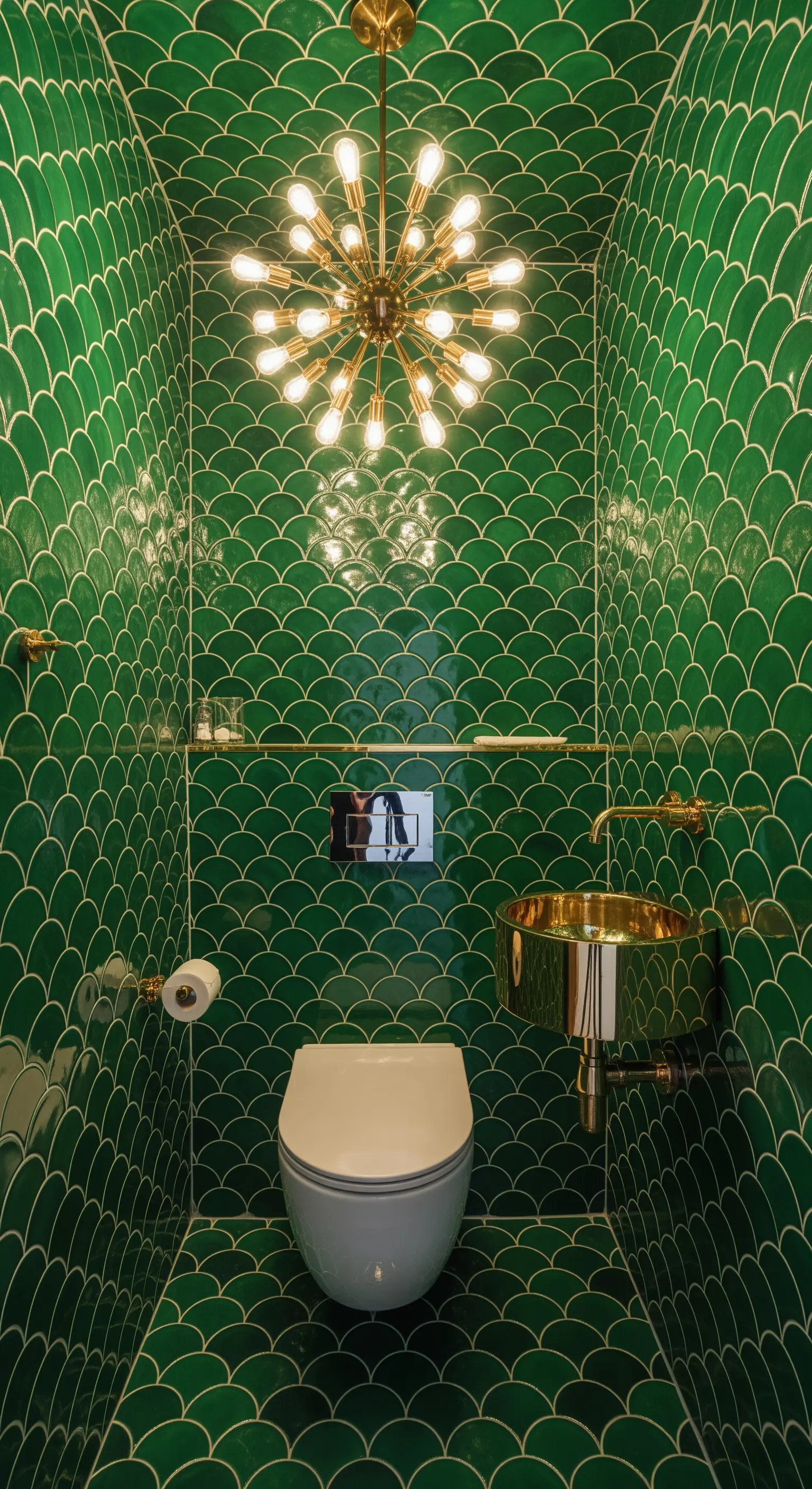 Gästetoilette komplett mit smaragdgrünen Fischschuppen-Fliesen und Goldakzenten.