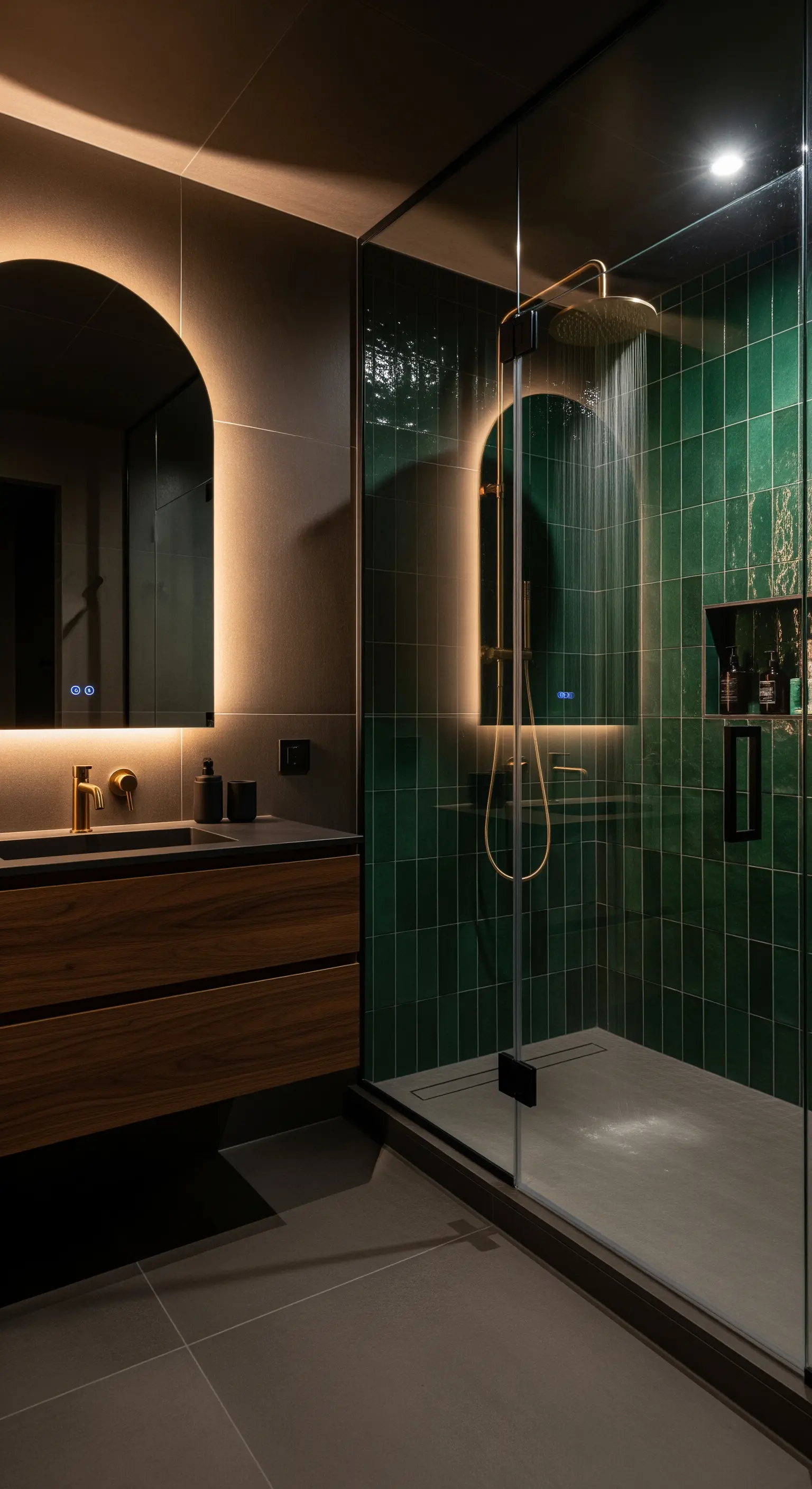Dunkles Badezimmer mit smaragdgrünen Fliesen, hinterleuchtetem Spiegel und goldener Regendusche