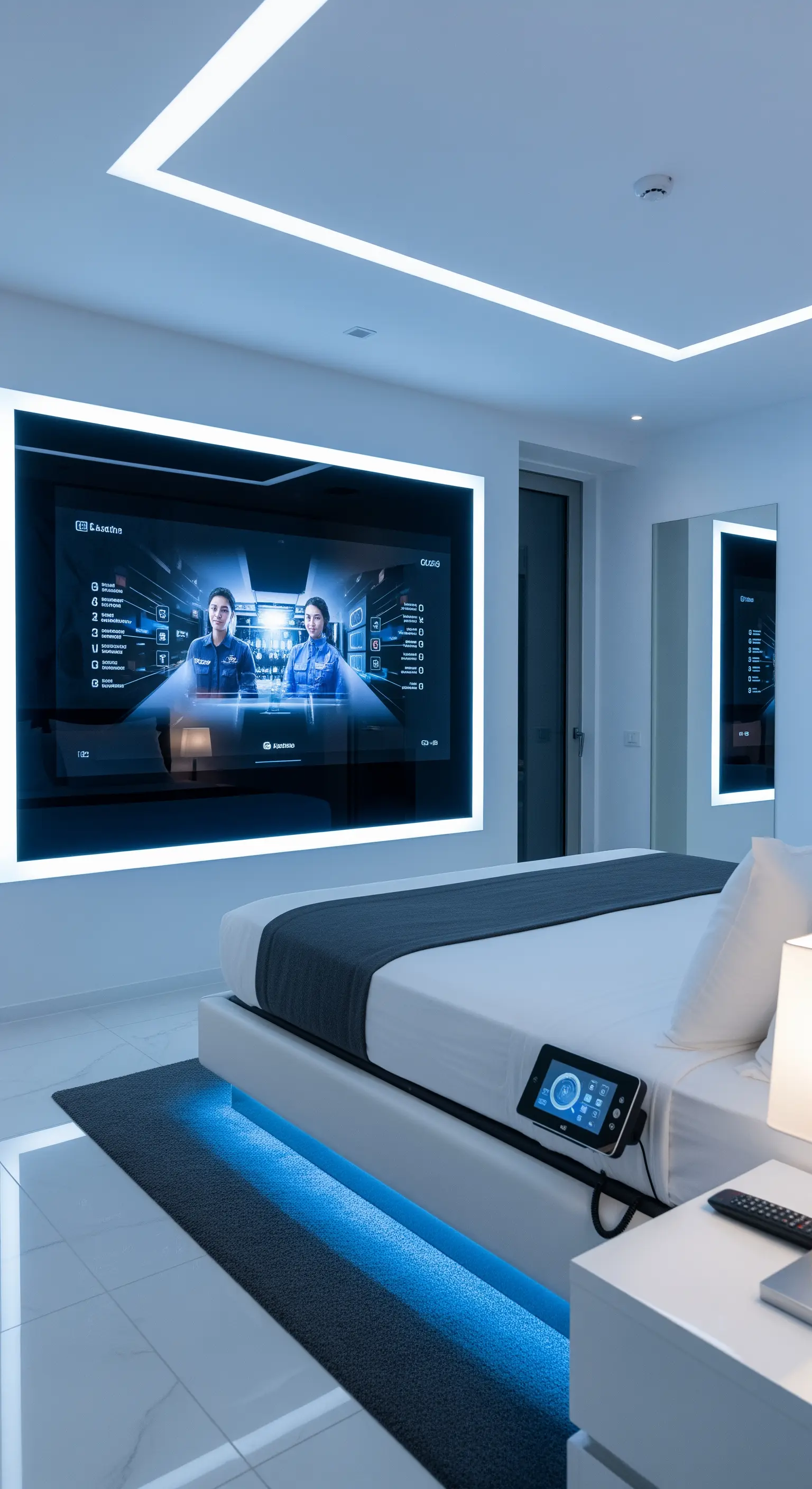 Futuristisches Schlafzimmer mit blauer LED-Beleuchtung unter dem Bett und an der Decke.