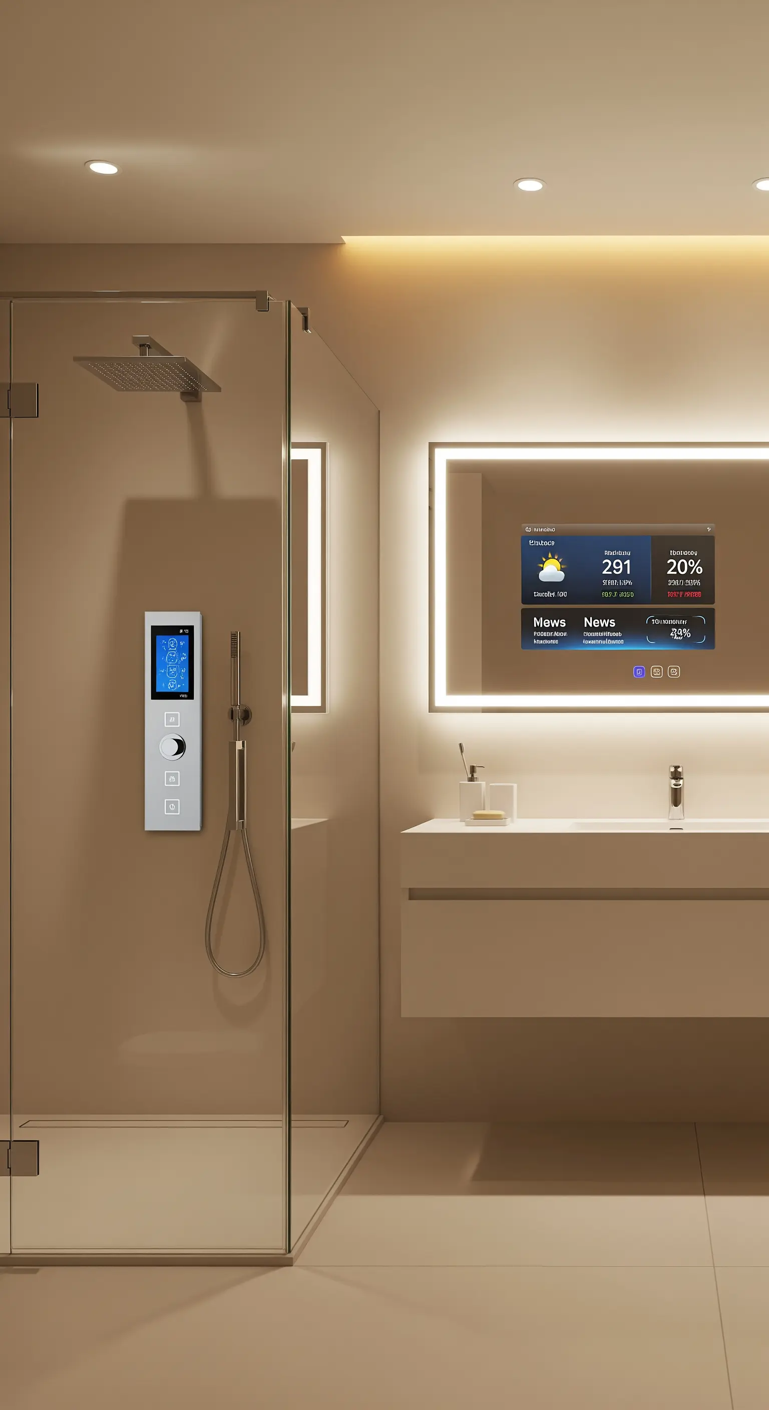 Modernes Badezimmer mit Smart-Mirror-Display und digitalen Duscharmaturen in einer Glasdusche.