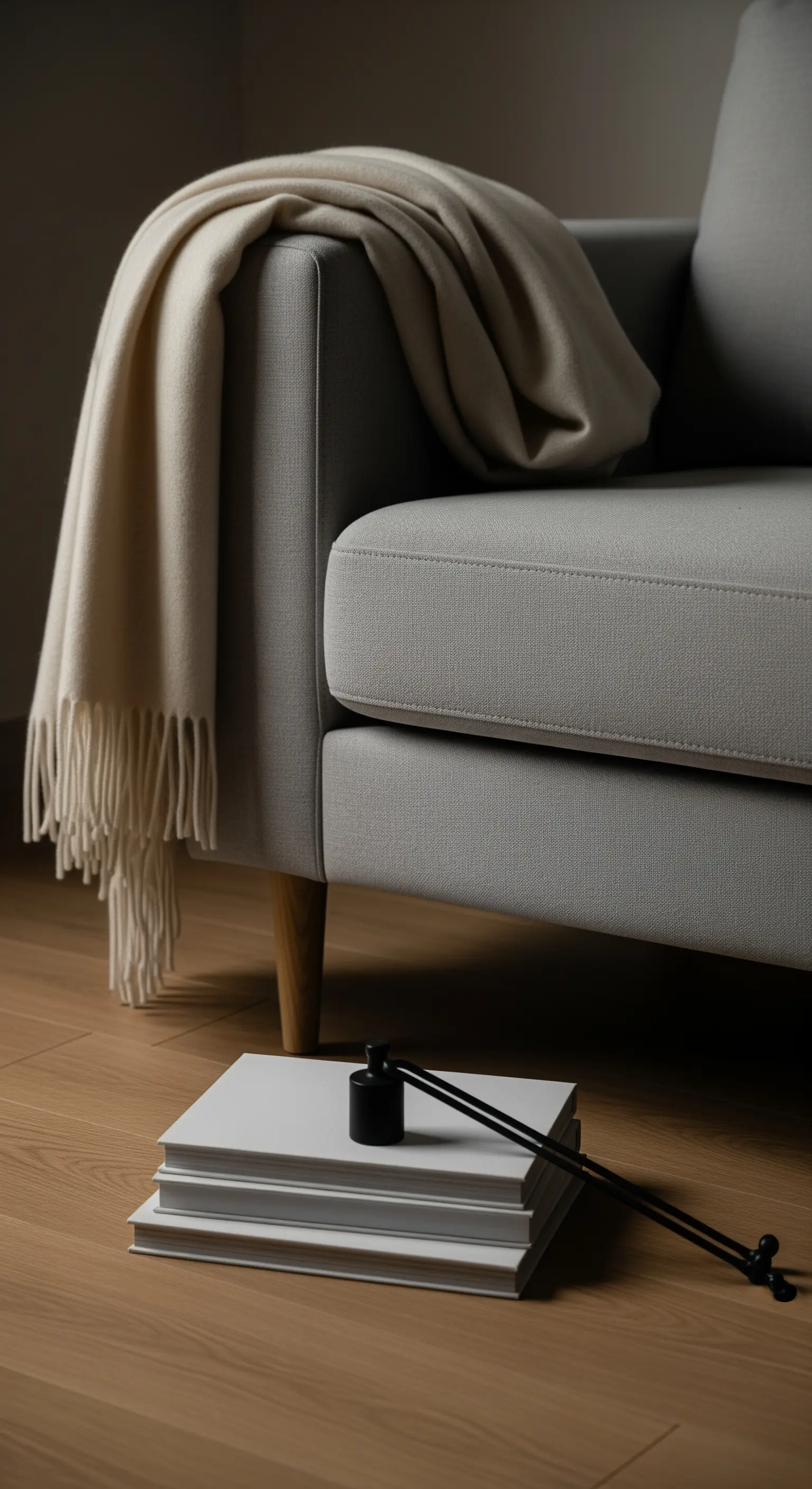 Graues Sofa mit beigefarbener Decke, Bücherstapel und minimalistischem Dekoobjekt.