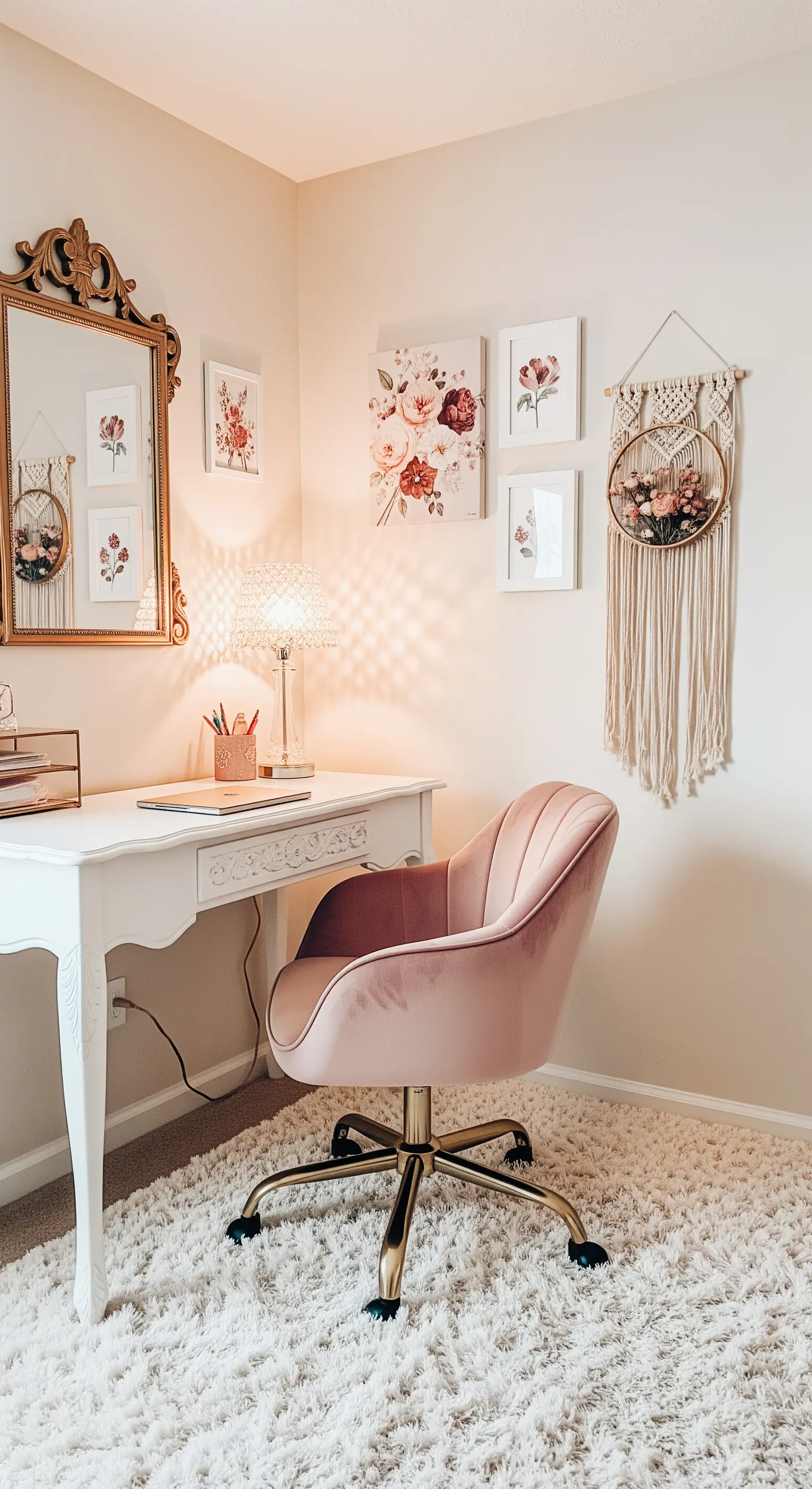 Feminines Homeoffice mit rosa Samtstuhl, weißem Schreibtisch und goldenem Spiegel.