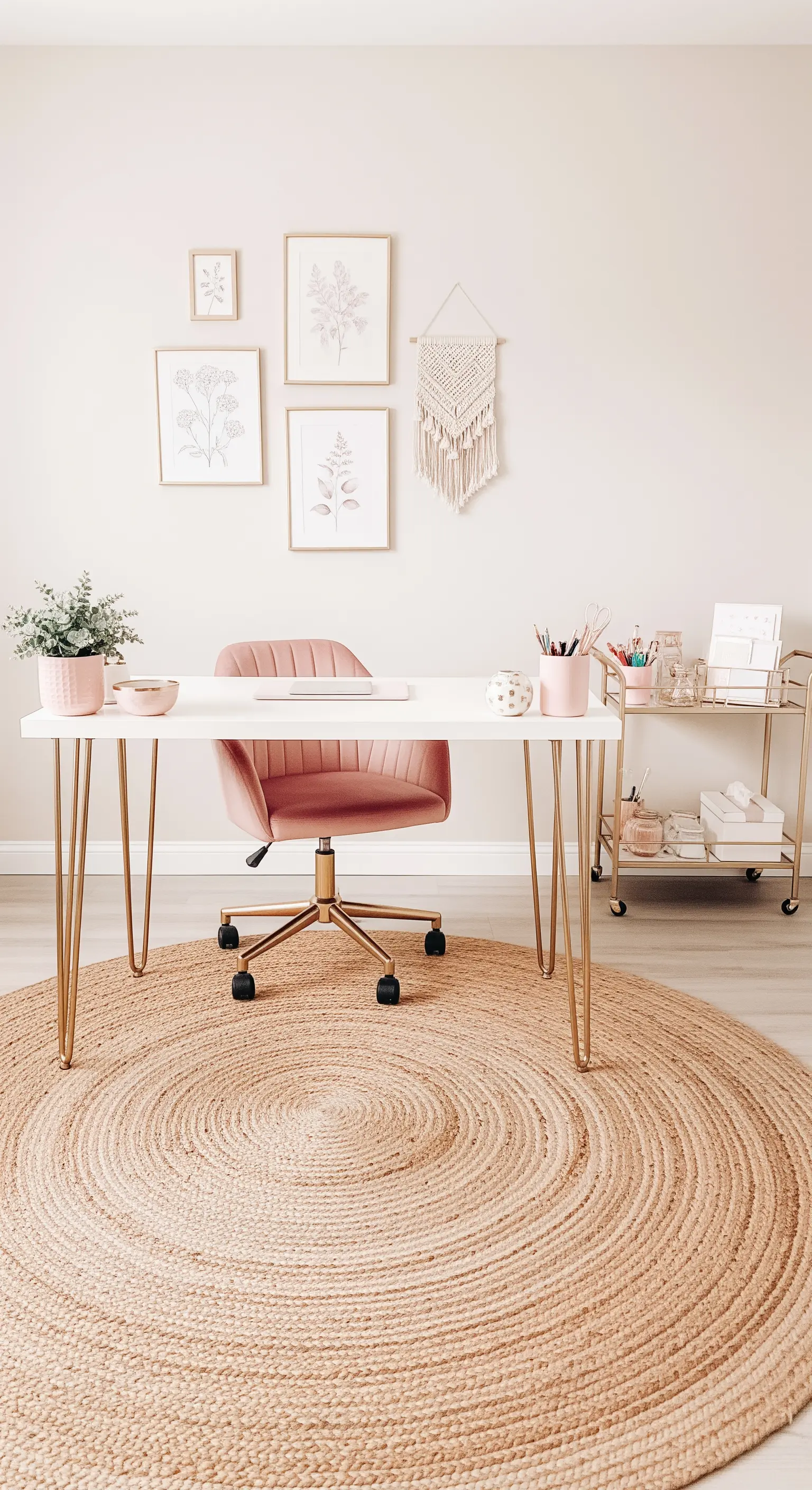 Feminines Boho-Homeoffice mit rosa Samtstuhl und goldenen Akzenten