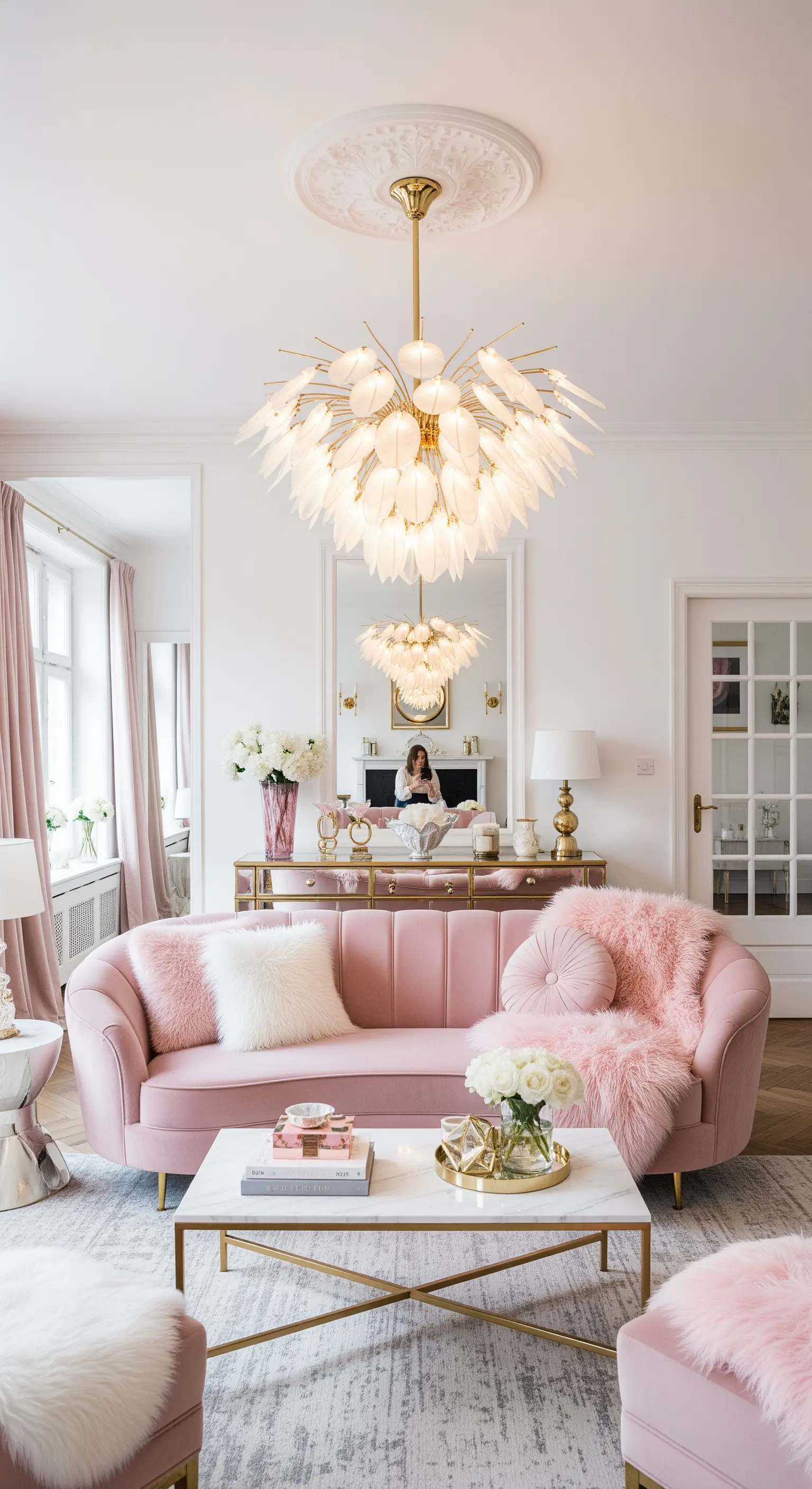 Zartrosa Samtsofa mit Fellkissen und einem glamourösen Feder-Kronleuchter.