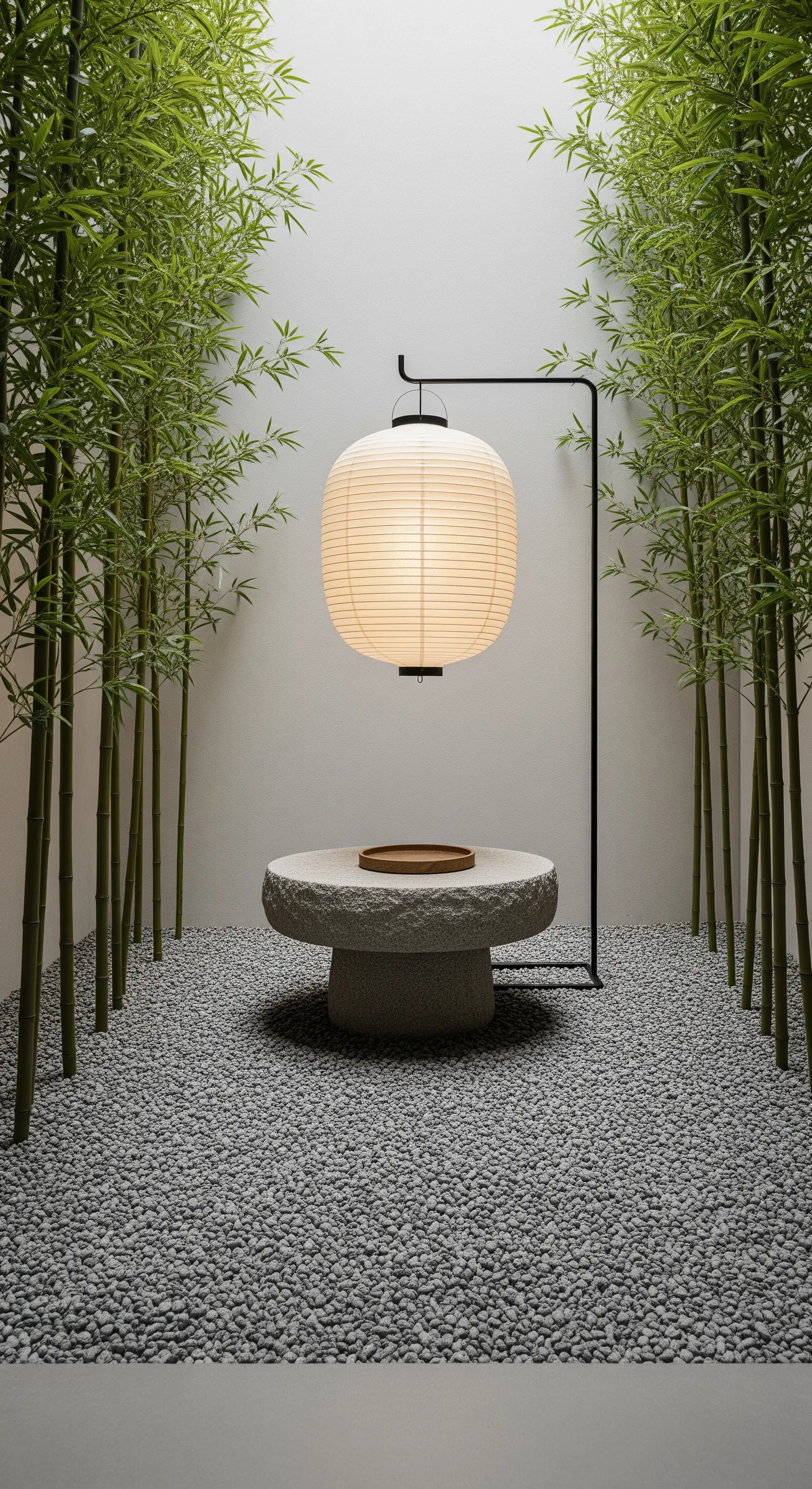Solitäre Laterne, Zen Hof, Bambus, Steintisch, Japandi