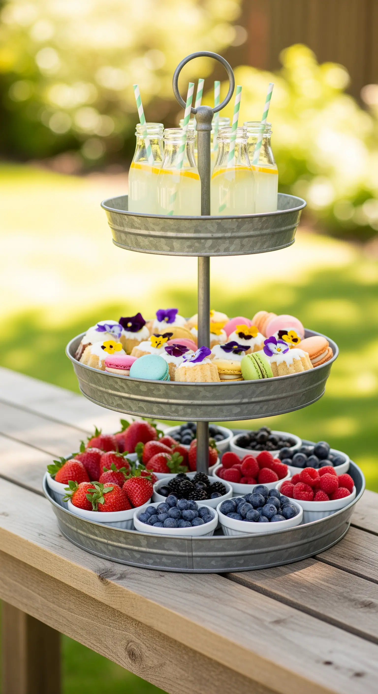 Sommerliche Etagere aus Zink mit Limonade, Beeren und Macarons im Garten.