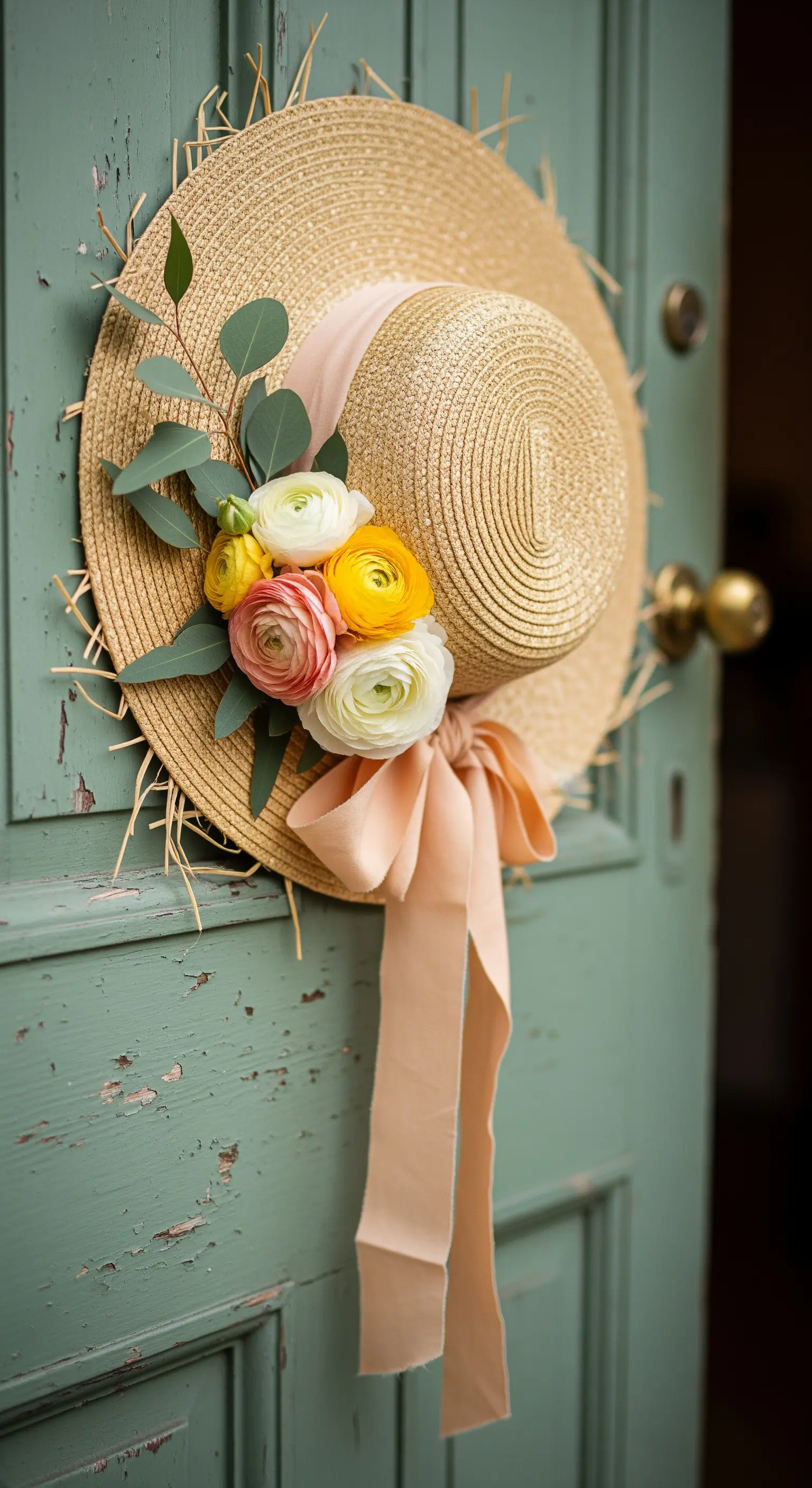 Ein Strohhut, geschmückt mit Ranunkeln und Eukalyptus, hängt an einer mintgrünen Tür.