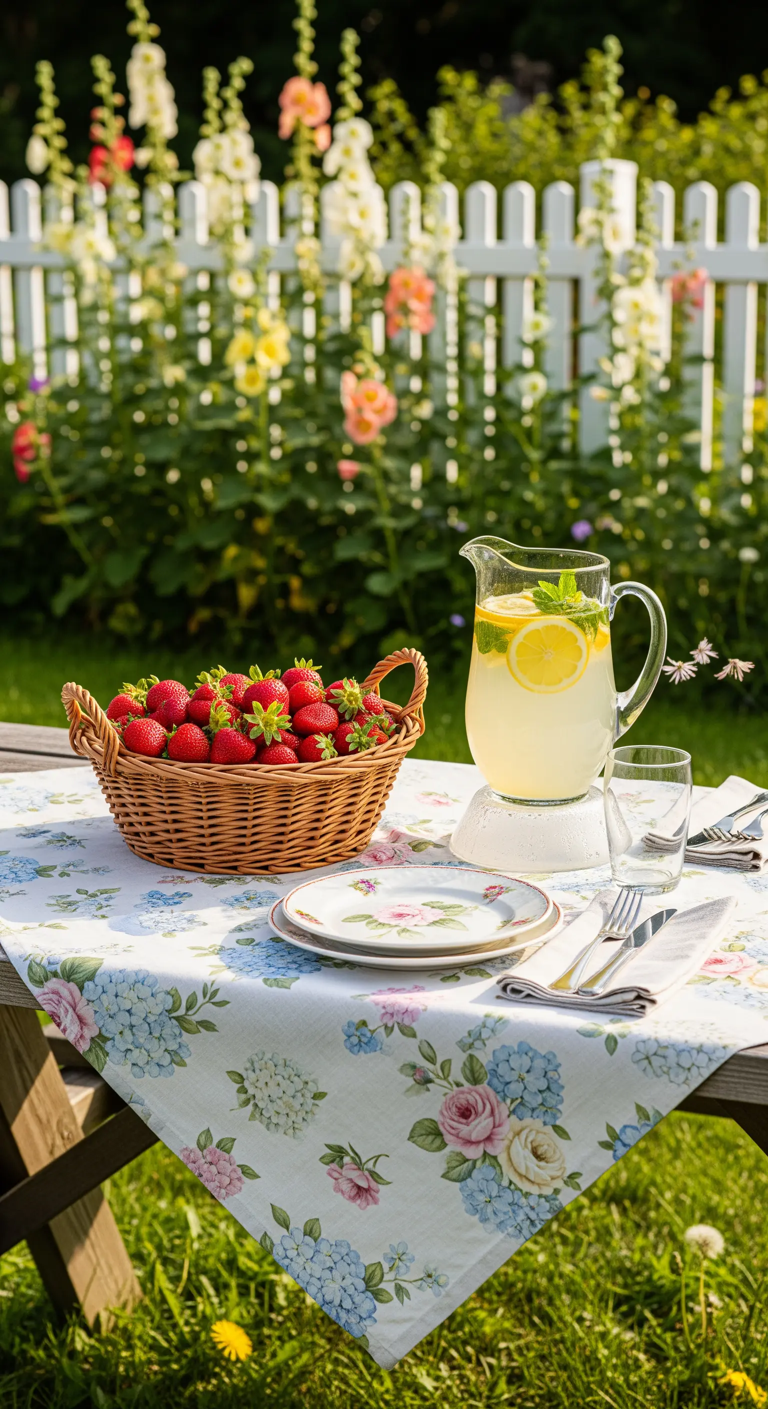 Holztisch mit floraler Tischdecke, Erdbeerkorb und Limonade im Garten