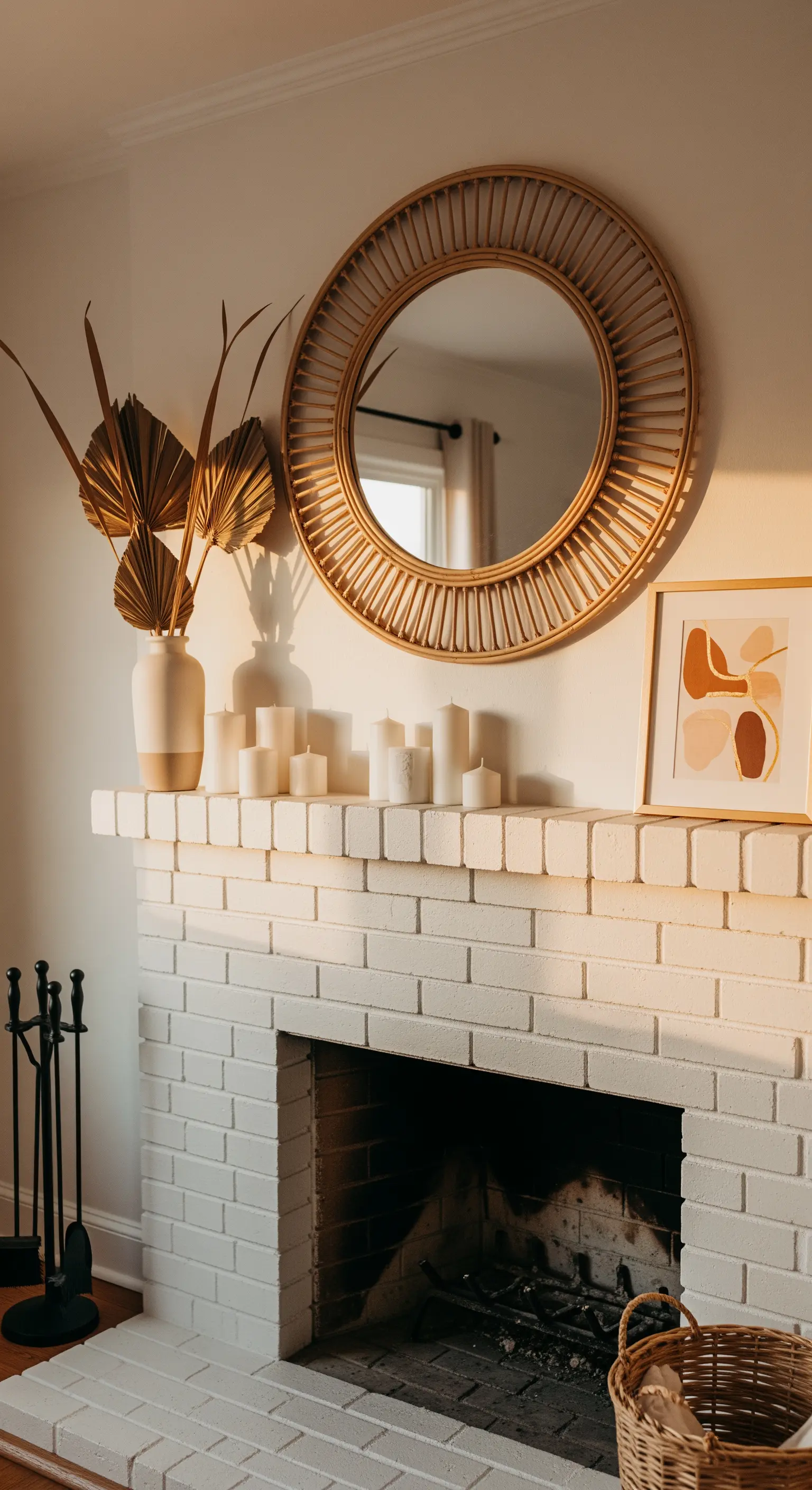 Kaminsims mit Rattan-Spiegel und Trockenblumen