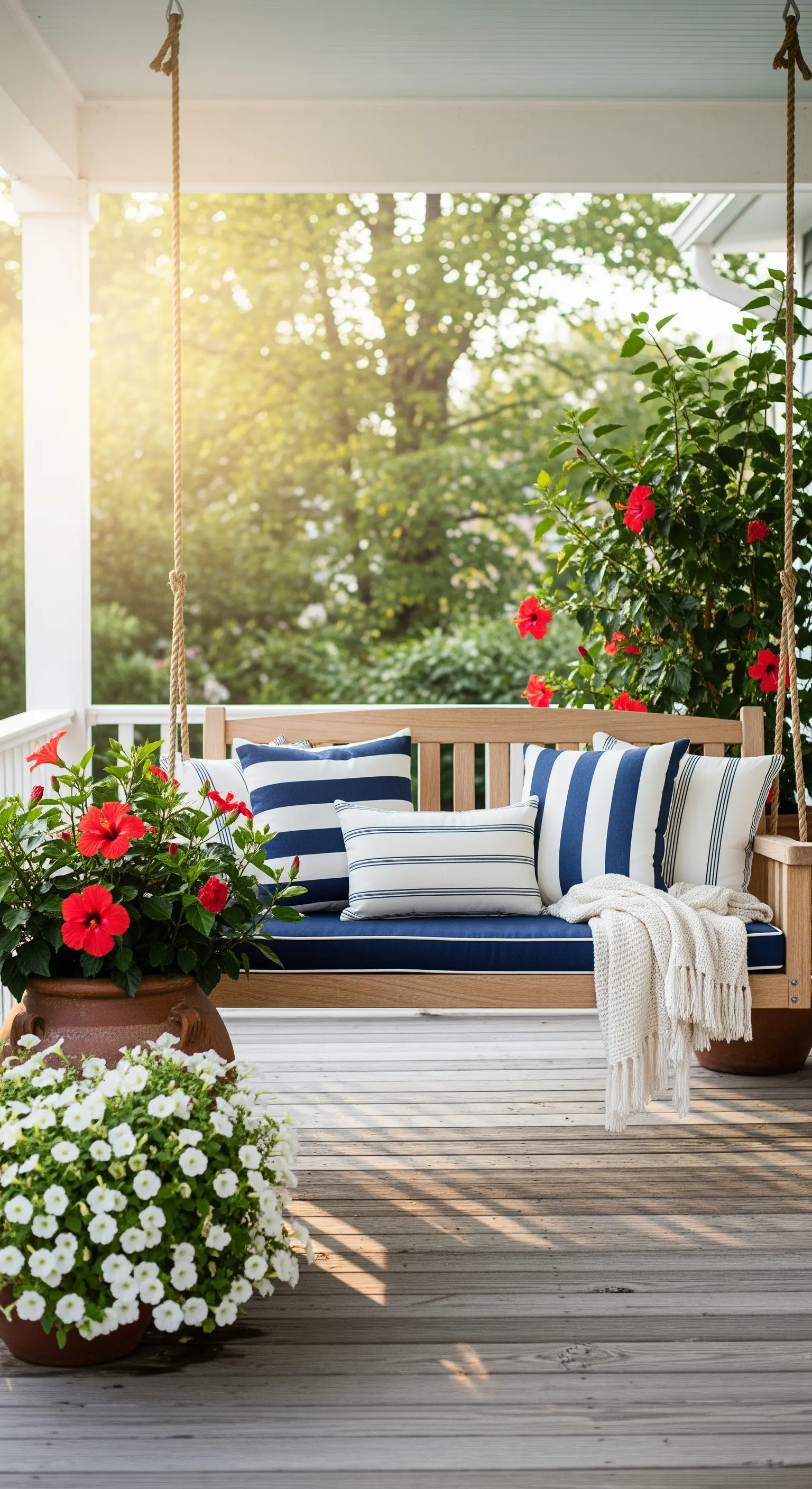 Veranda mit Schaukelbank, gestreiften Kissen, roten Hibiskusblüten