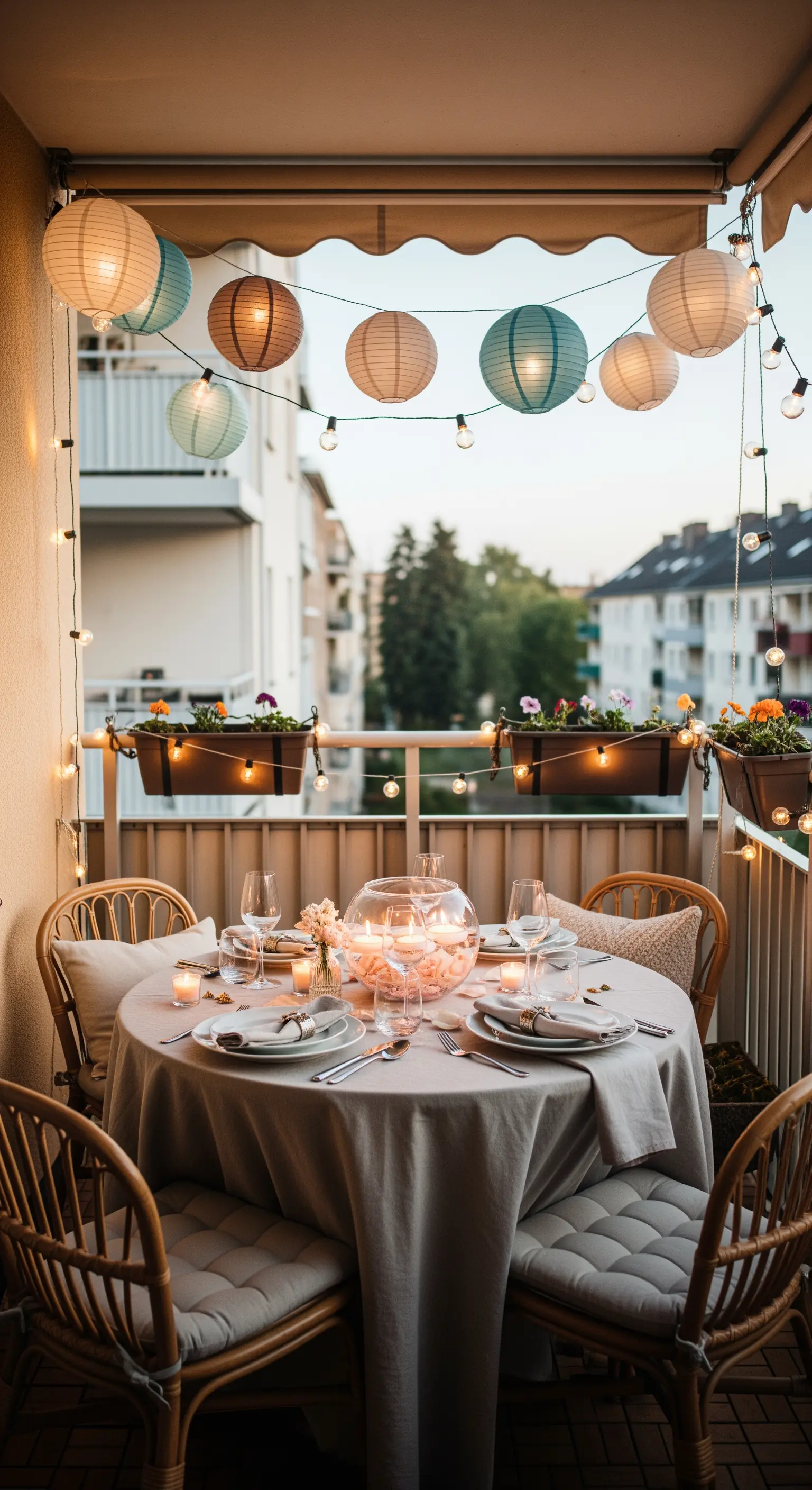 Runder Esstisch auf dem Balkon mit Lampions, Lichterketten und Kerzen