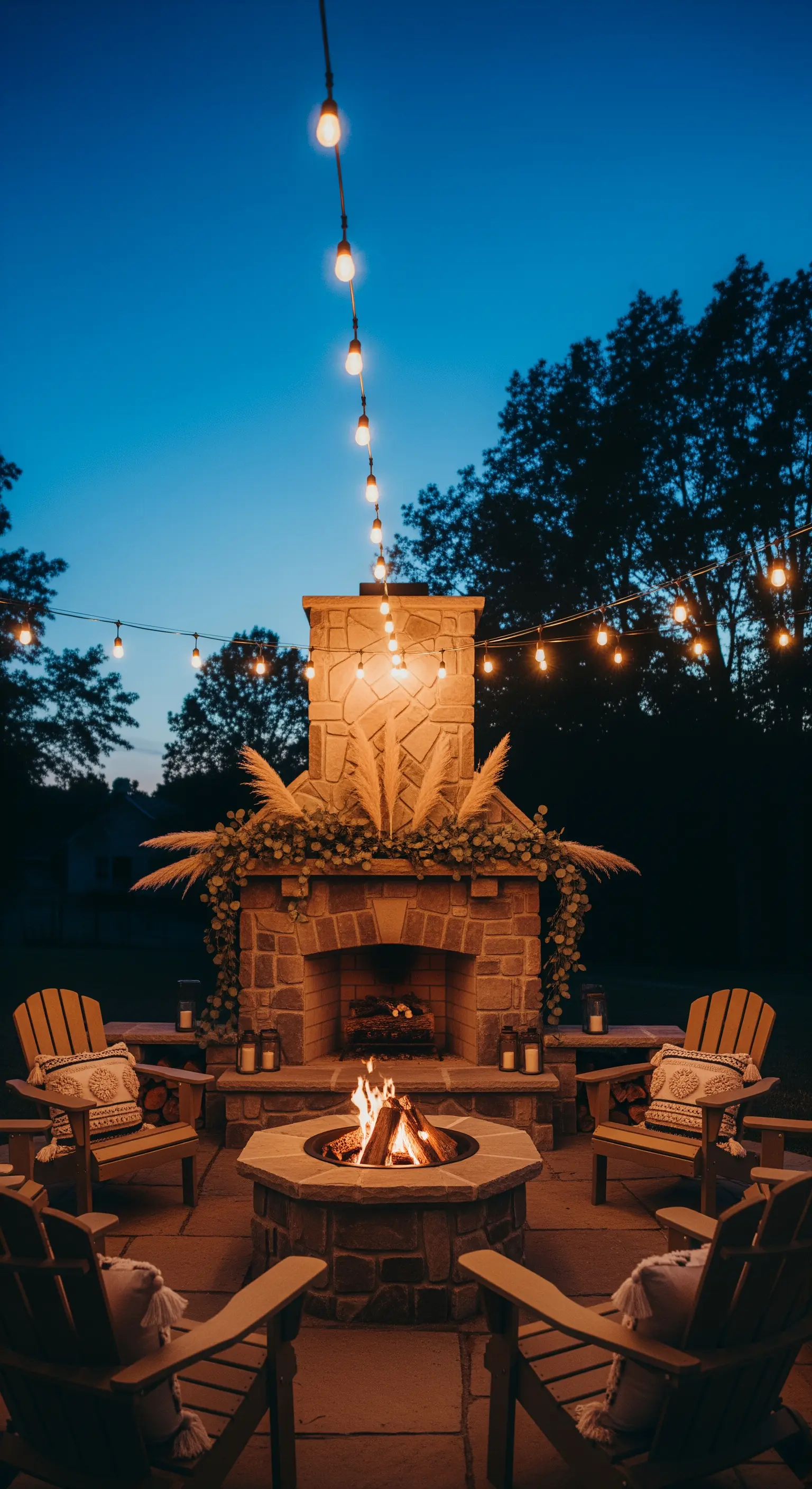 Außenkamin aus Stein mit darüber gespannten Lichterketten
