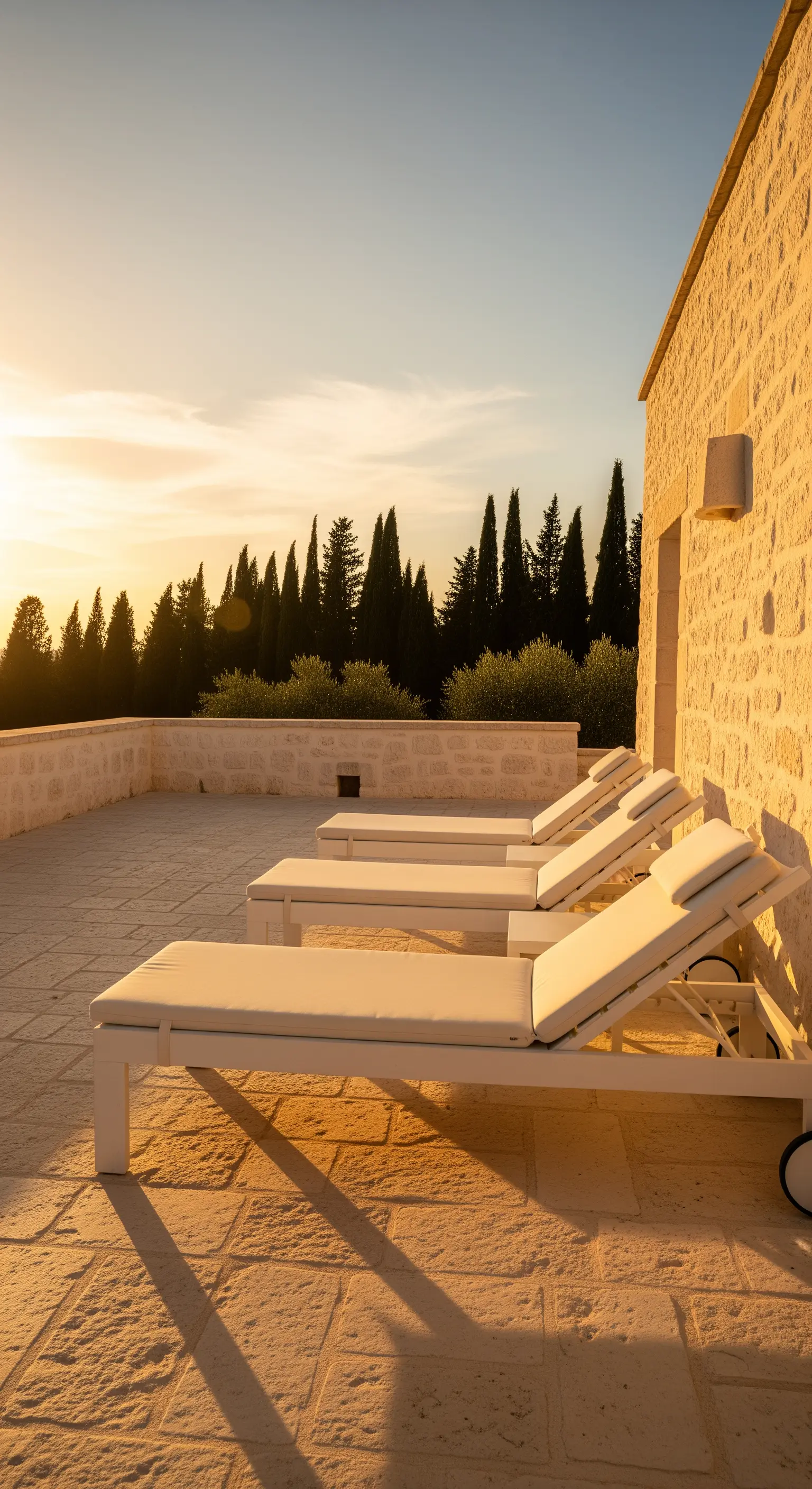 Weiße Sonnenliegen auf Steinterrasse bei Sonnenuntergang