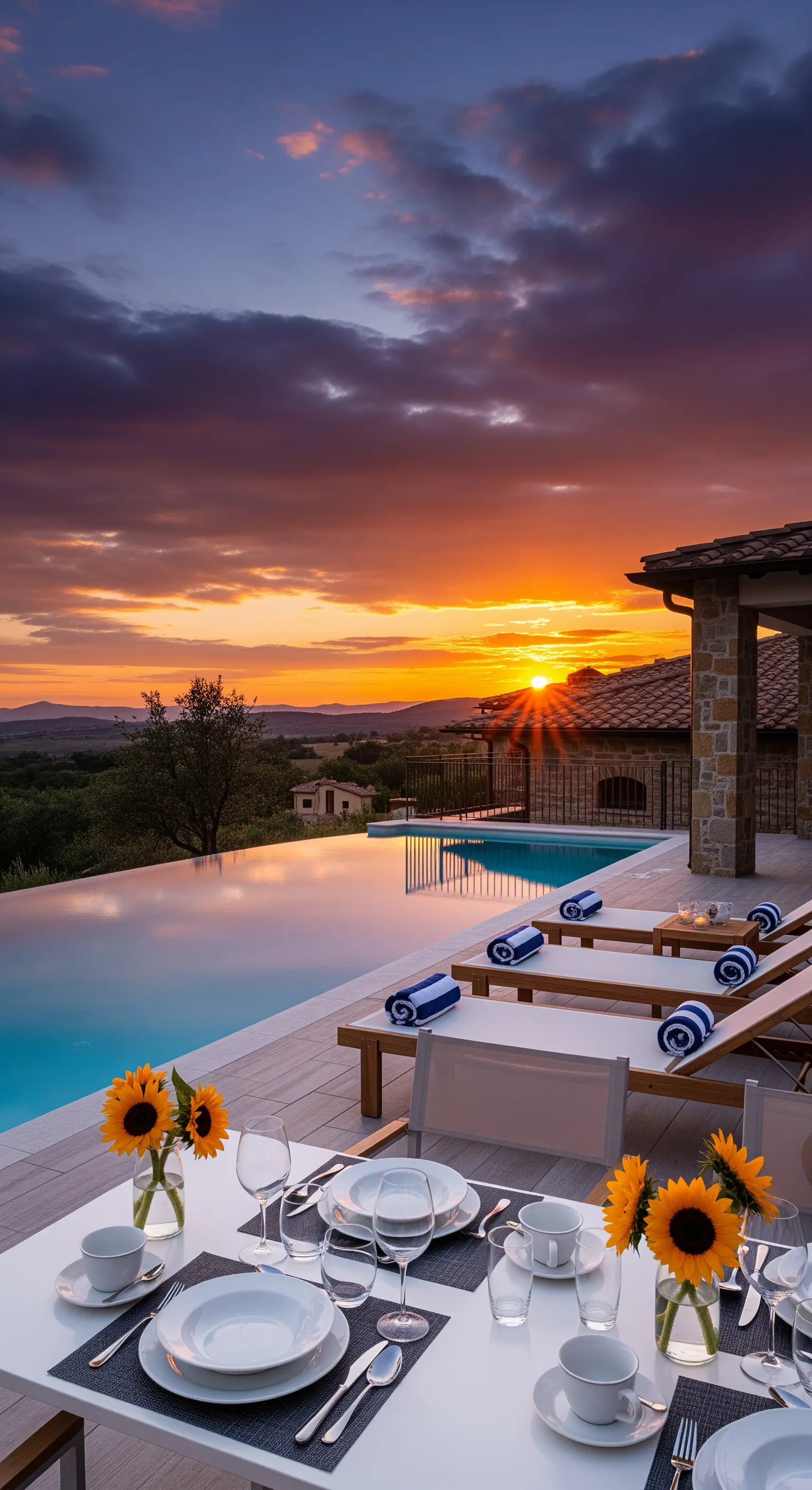 Esstisch am Infinity-Pool mit Sonnenblumen und Sonnenuntergangspanorama