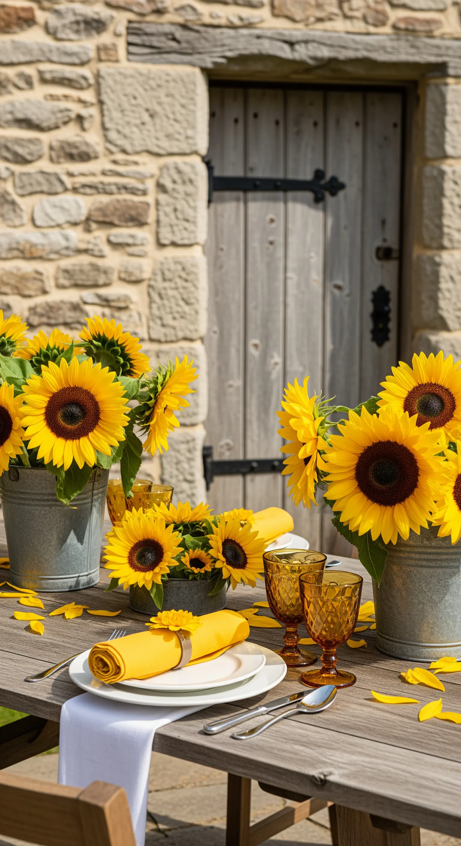 Sommerliche Tischdeko mit Sonnenblumen in Zinkeimern auf Holztisch