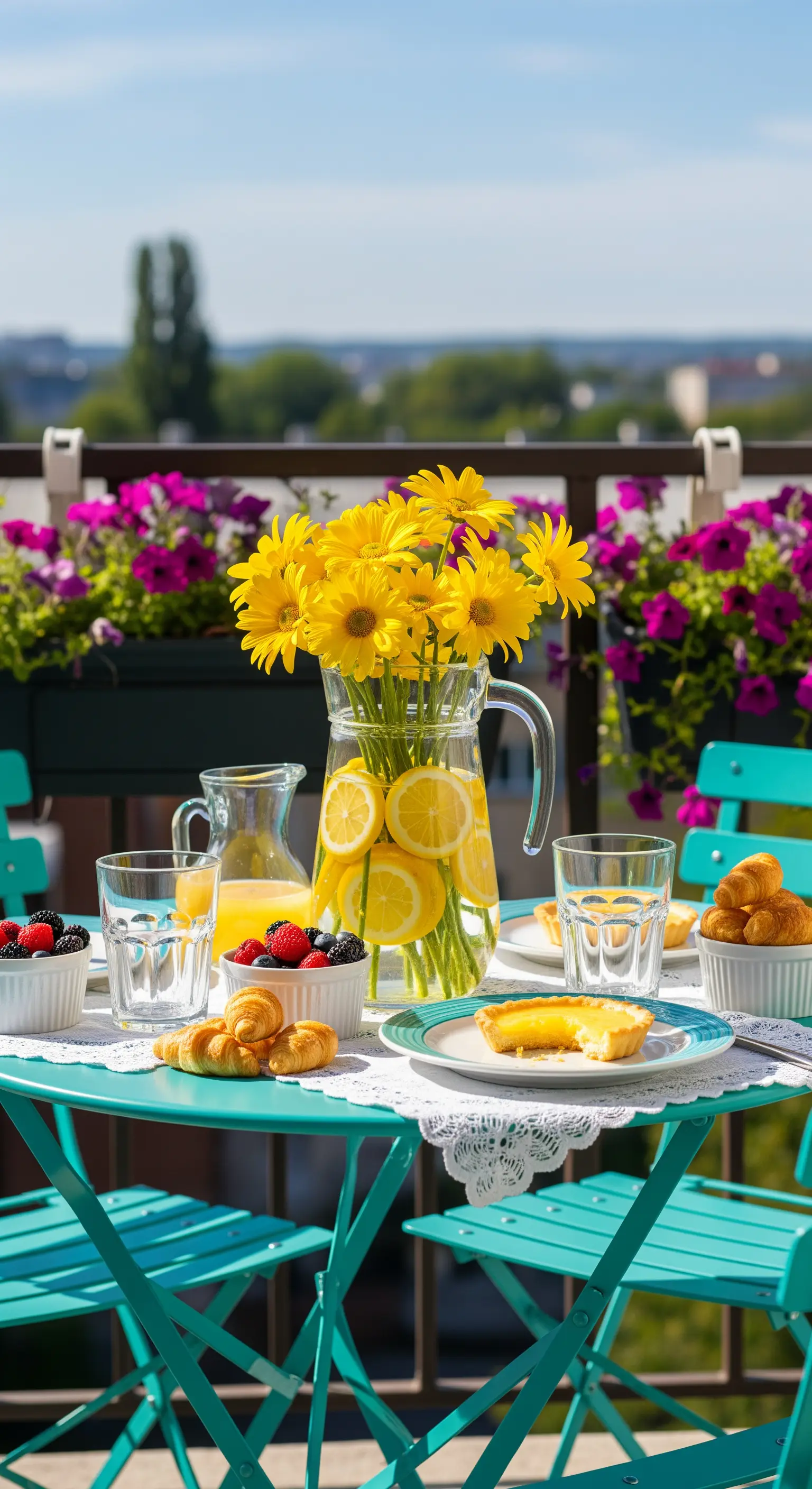 Balkon-Brunch mit Sonnenblumen und Zitronen-Krug