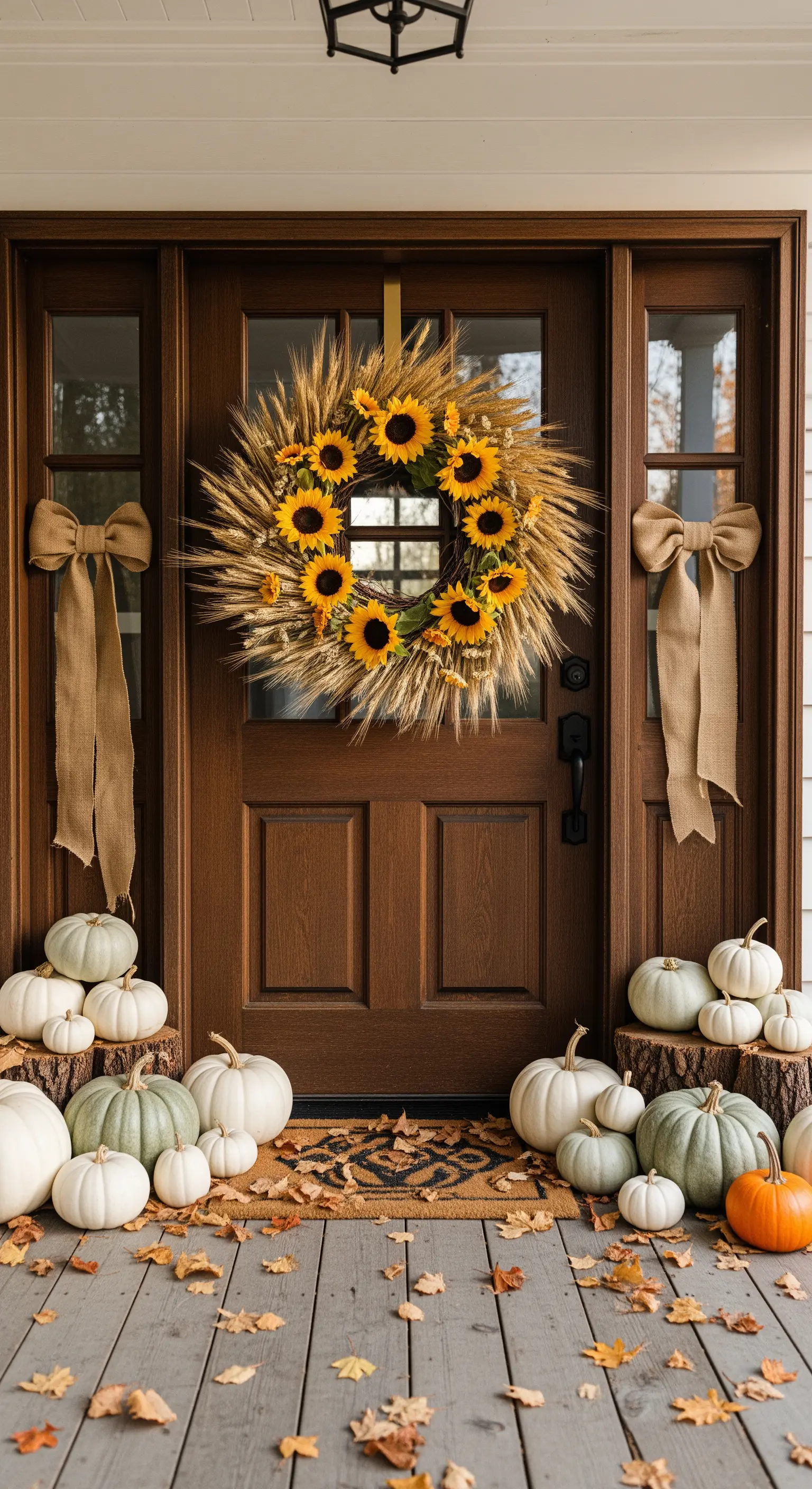 Eingangstür mit Sonnenblumen-Weizenkranz, weißen und grünen Kürbissen