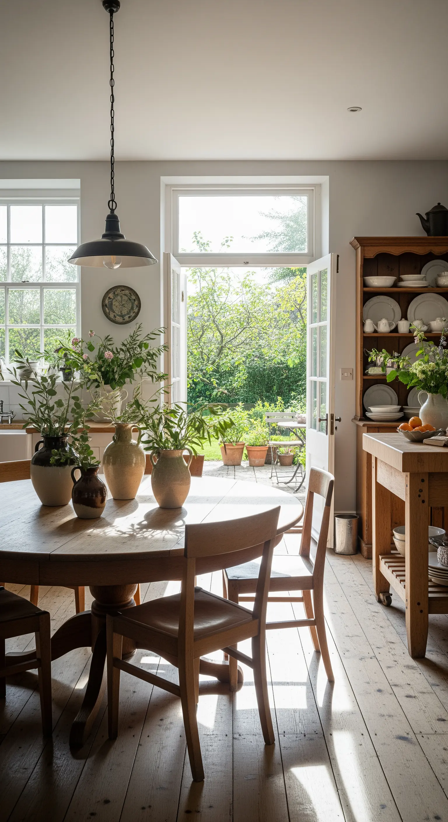 Helles Esszimmer mit Holztisch und Blumenvasen, offene Gartentür
