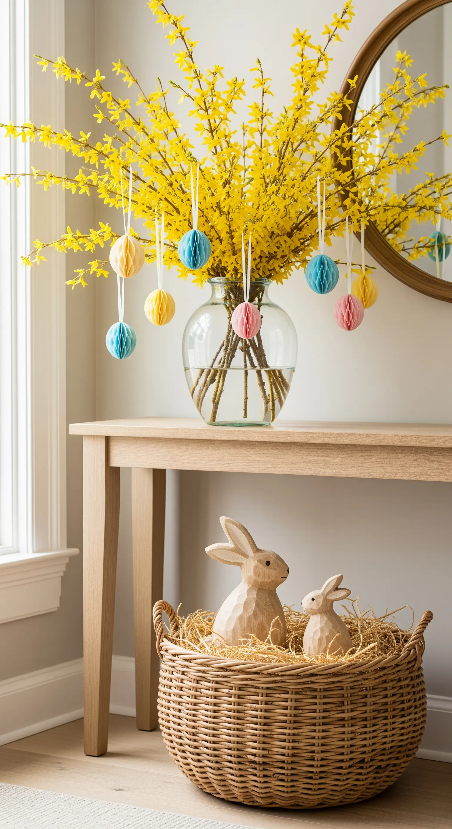 Eingangsbereich mit Forsythienstrauß, bunten Ostereiern und Hasenfiguren