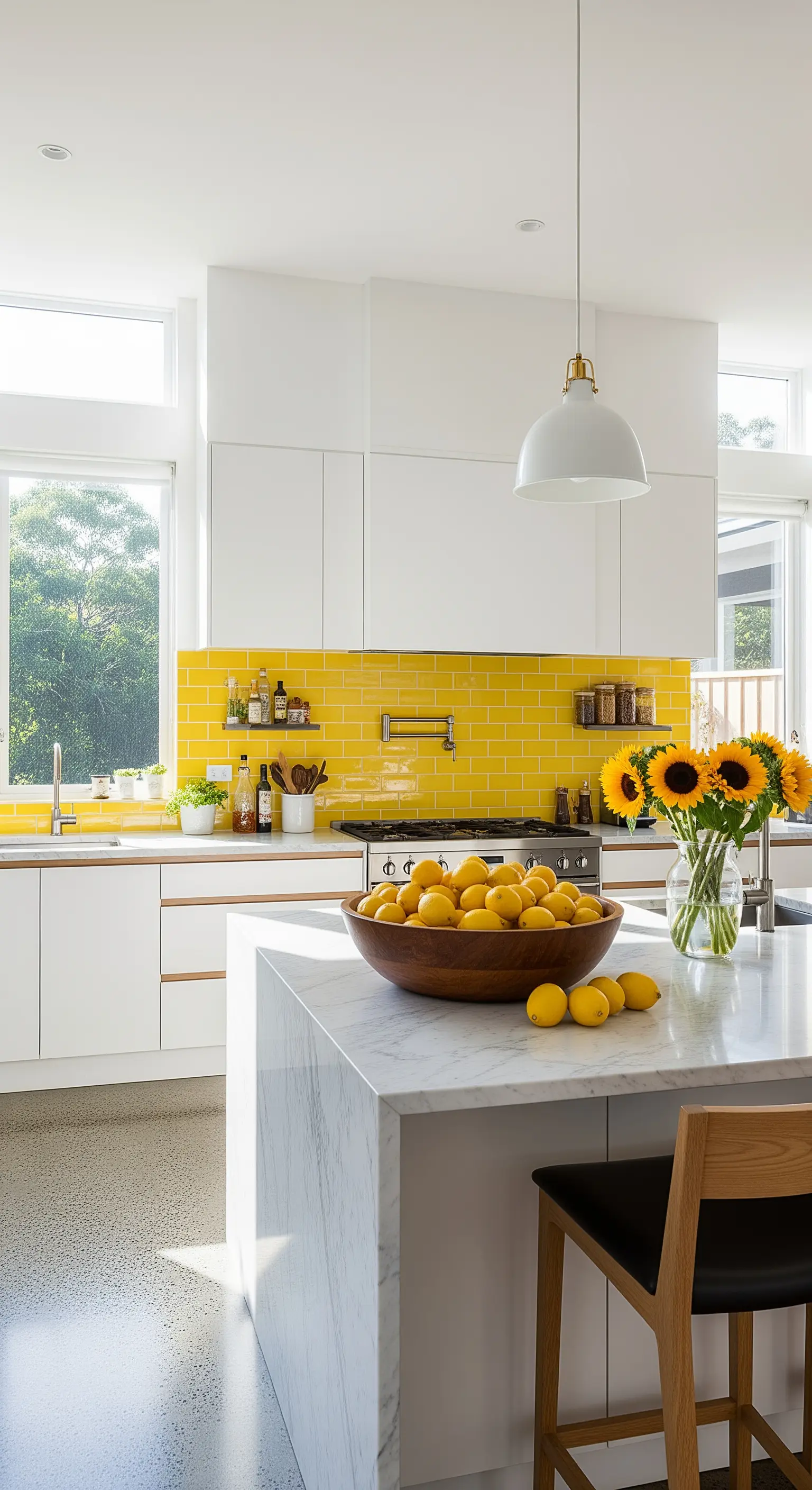 Moderne Küche mit gelbem Fliesenspiegel und Holzdetails