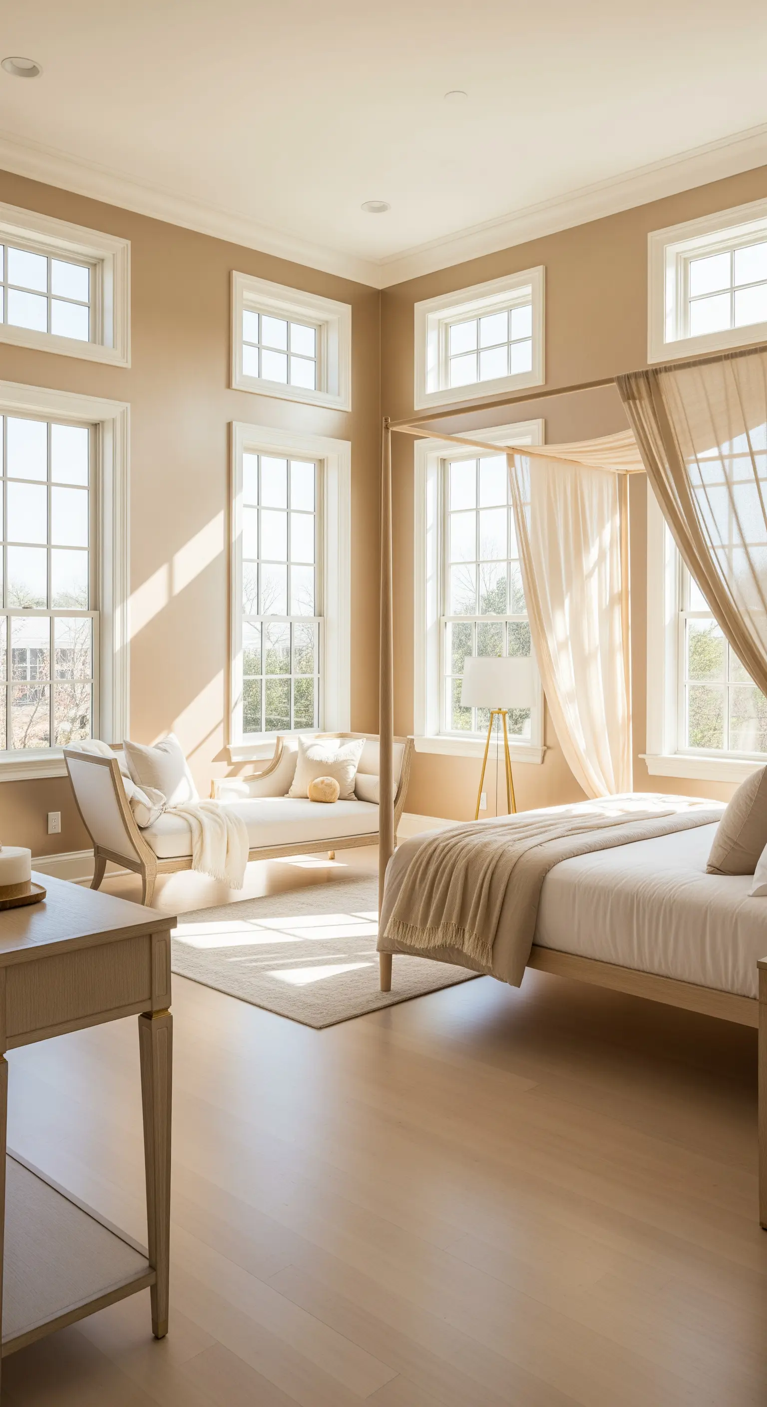 Helles, sonnendurchflutetes Schlafzimmer mit vielen Fenstern und einem leichten Betthimmel.