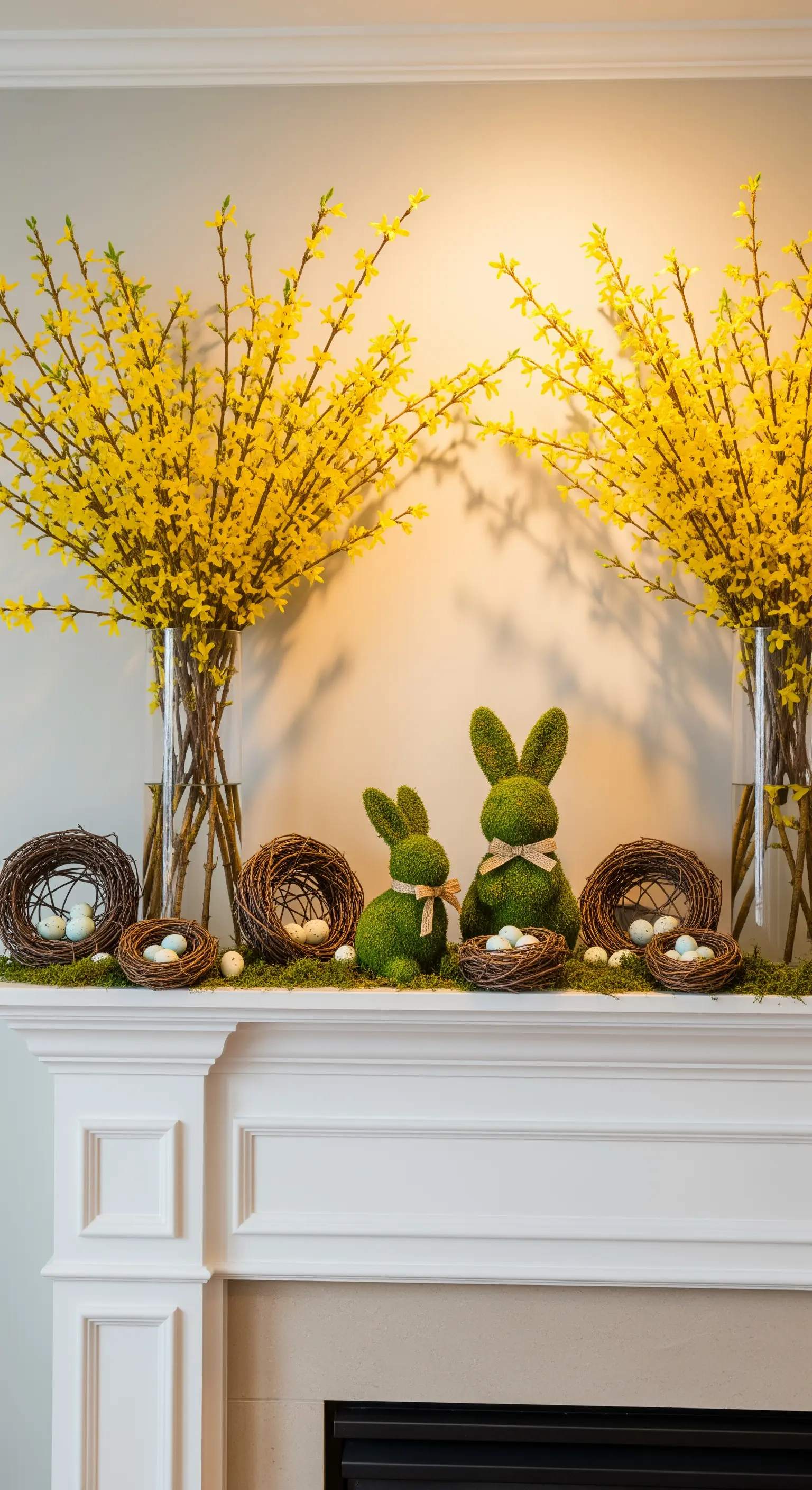 Kaminsims mit Forsythienzweigen, Moos-Häschen und Nestern