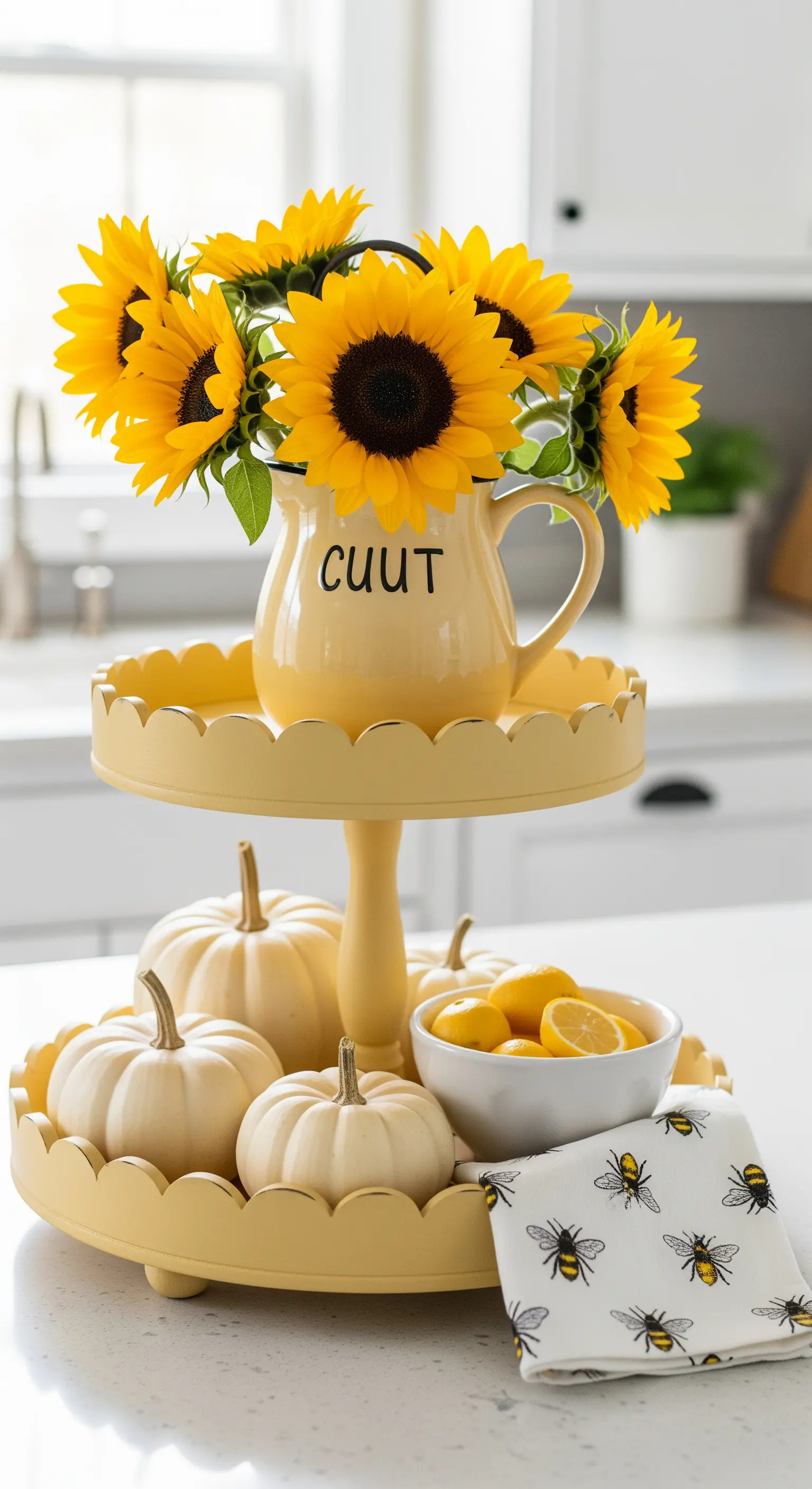 Sonnengelbe Etagere mit weißen Kürbissen, Zitronen und Sonnenblumen