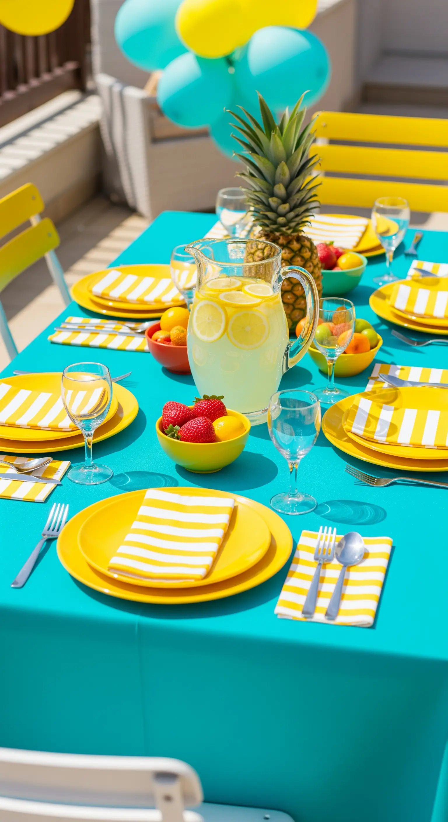 Fröhliche Tischdeko mit türkisfarbener Tischdecke, gelben Tellern und frischen Früchten.