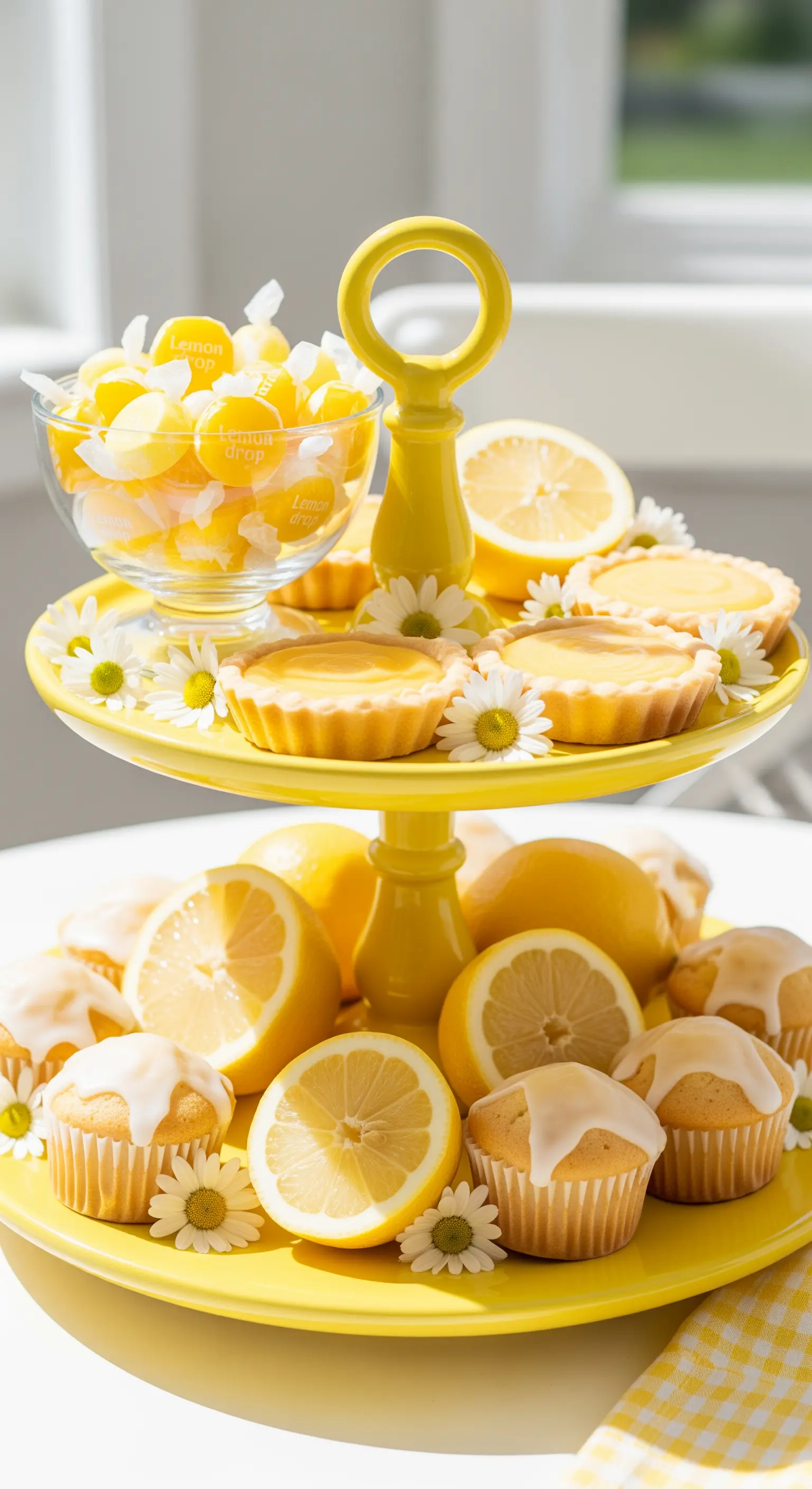 Leuchtend gelbe Etagere, beladen mit Zitronen-Törtchen, Muffins und frischen Zitronen.