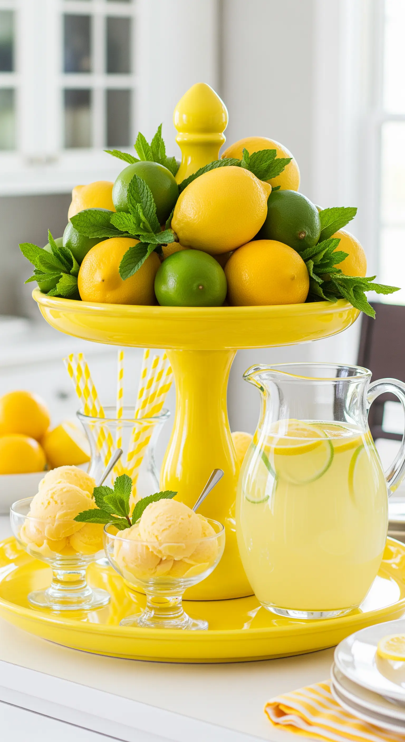 Leuchtend gelbe Etagere, üppig dekoriert mit frischen Zitronen, Limetten und Minze